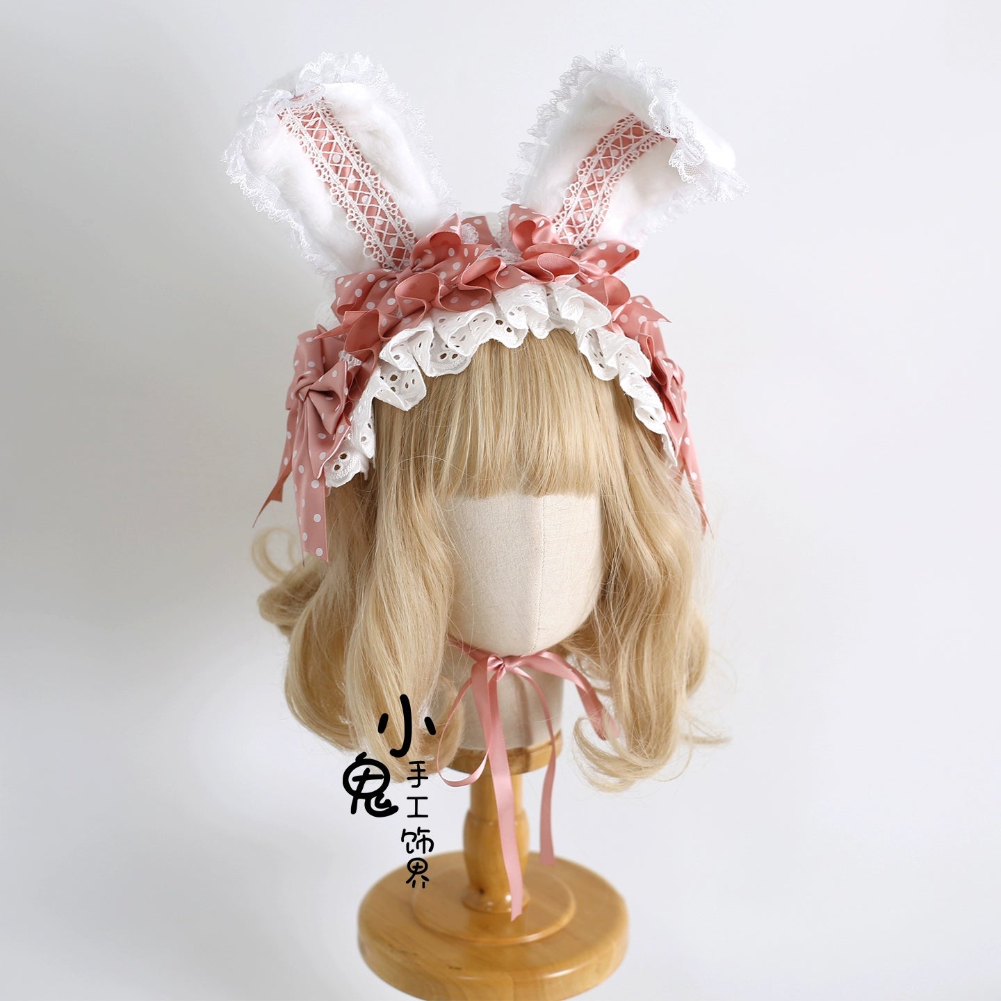 Xiaogui - Sweet Lolita Polka Dot Lace Hairband, Shapeable Bunny Ears 44127:797269