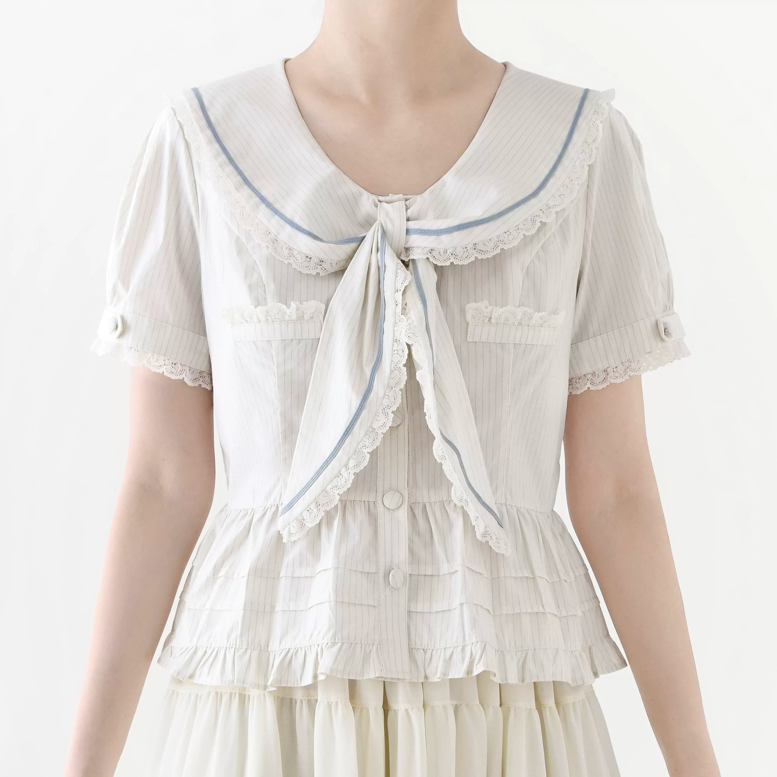 Cotton Kawaii Lolita Blouse, Lace Sailor Collar 45787:862420