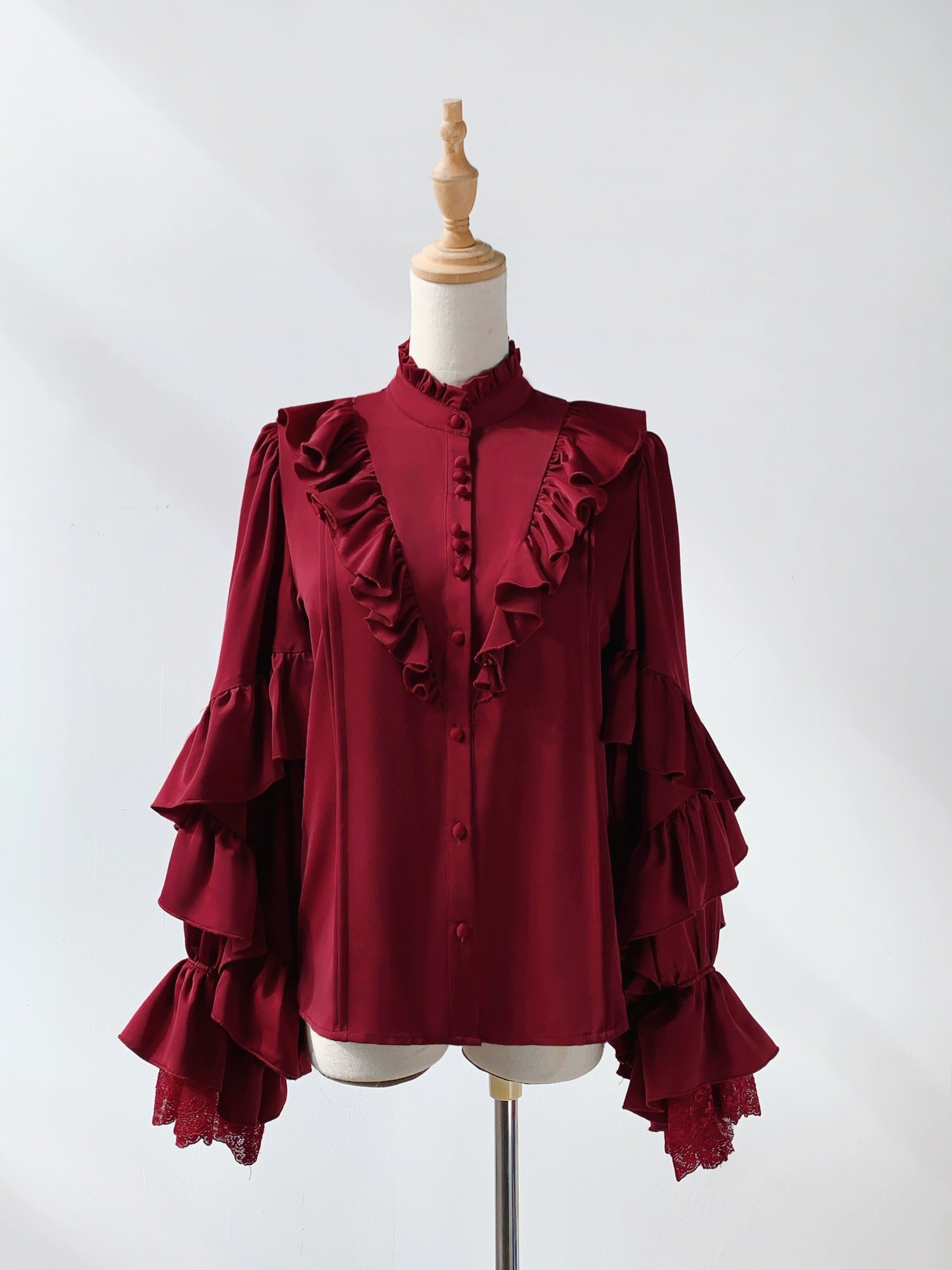 Every Page of The Poem - Night & Day Sonata - Ouji Lolita Princess Sleeve Shirt & Pants Set Burgundy Shirt Only One Size