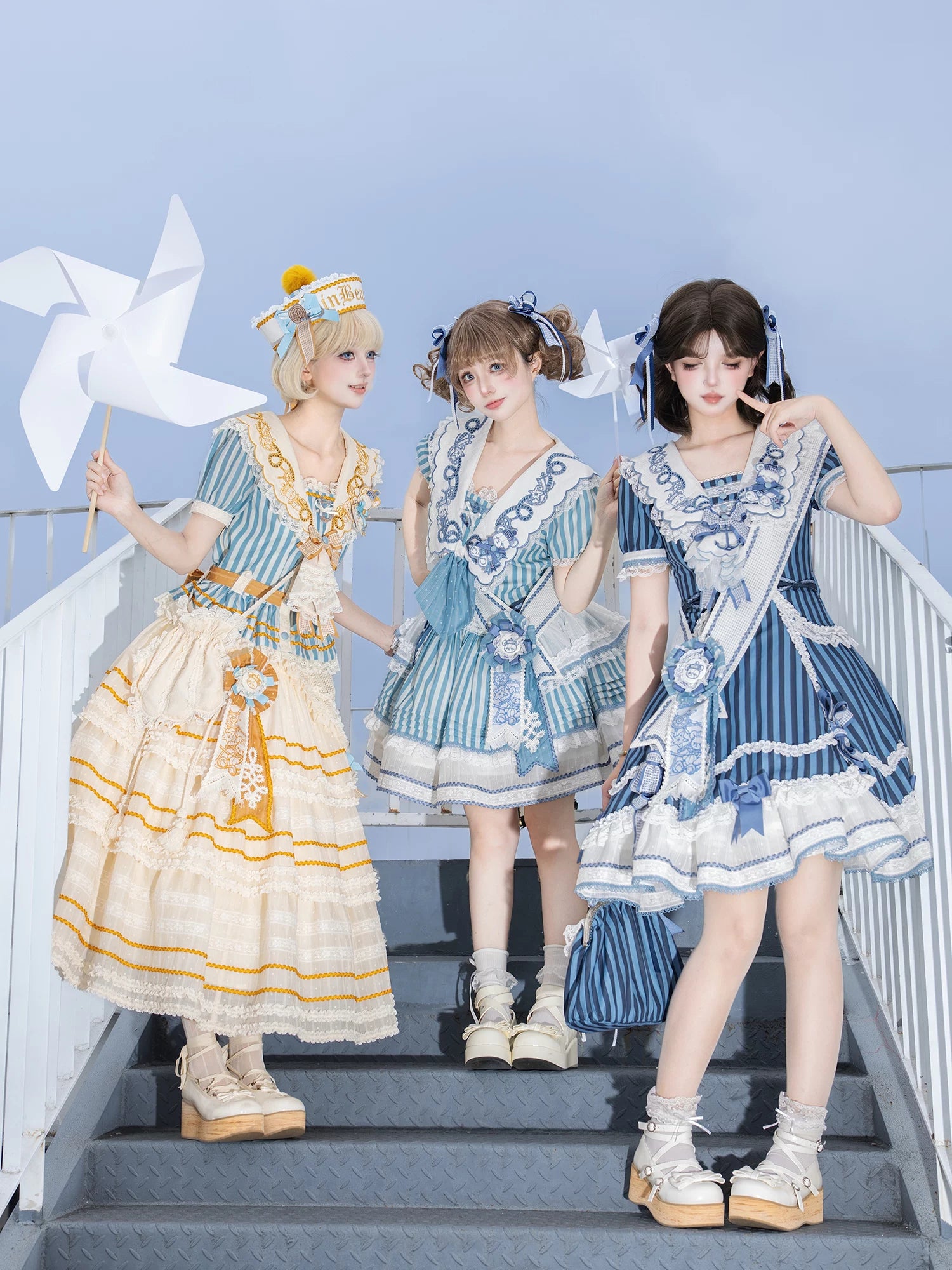 Antique Naval Bear - Striped Classic Lolita Sailor Collar OP, Bear Embroidery 45518:853978