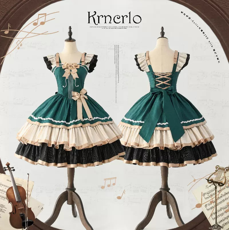 Krncrlo~Cello Vintage Elegant 3 Tiered Lolita Jumper Skirt S dark green JSK 