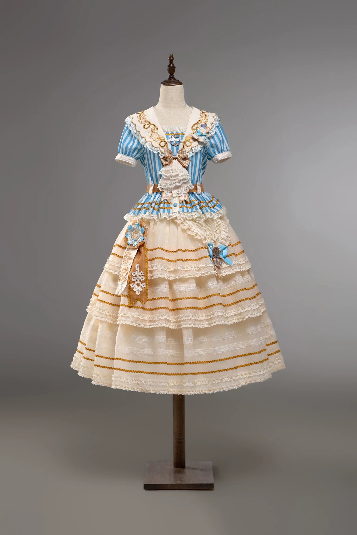 Antique Naval Bear - Striped Classic Lolita Sailor Collar OP, Bear Embroidery (L M S XL XS) 45518:854253