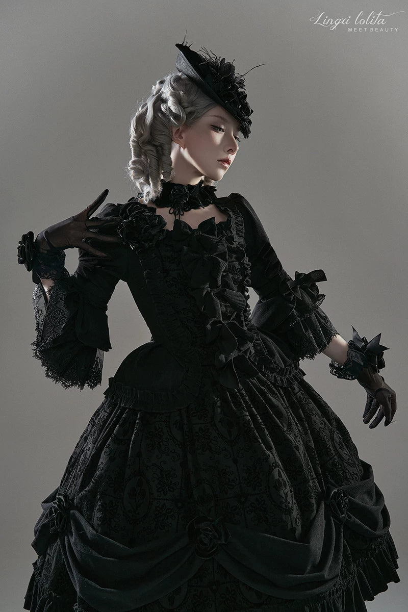 Midnight in Versailles - Gothic Lolita Hime Sleeve Blouse & Floral Skirt 44495:810515