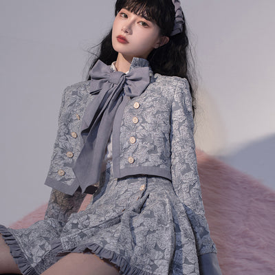 ZJstory~Gold Age~Retro Lolita Embossed Shirt Skirt and Floral Vest XS grey-blue coat 