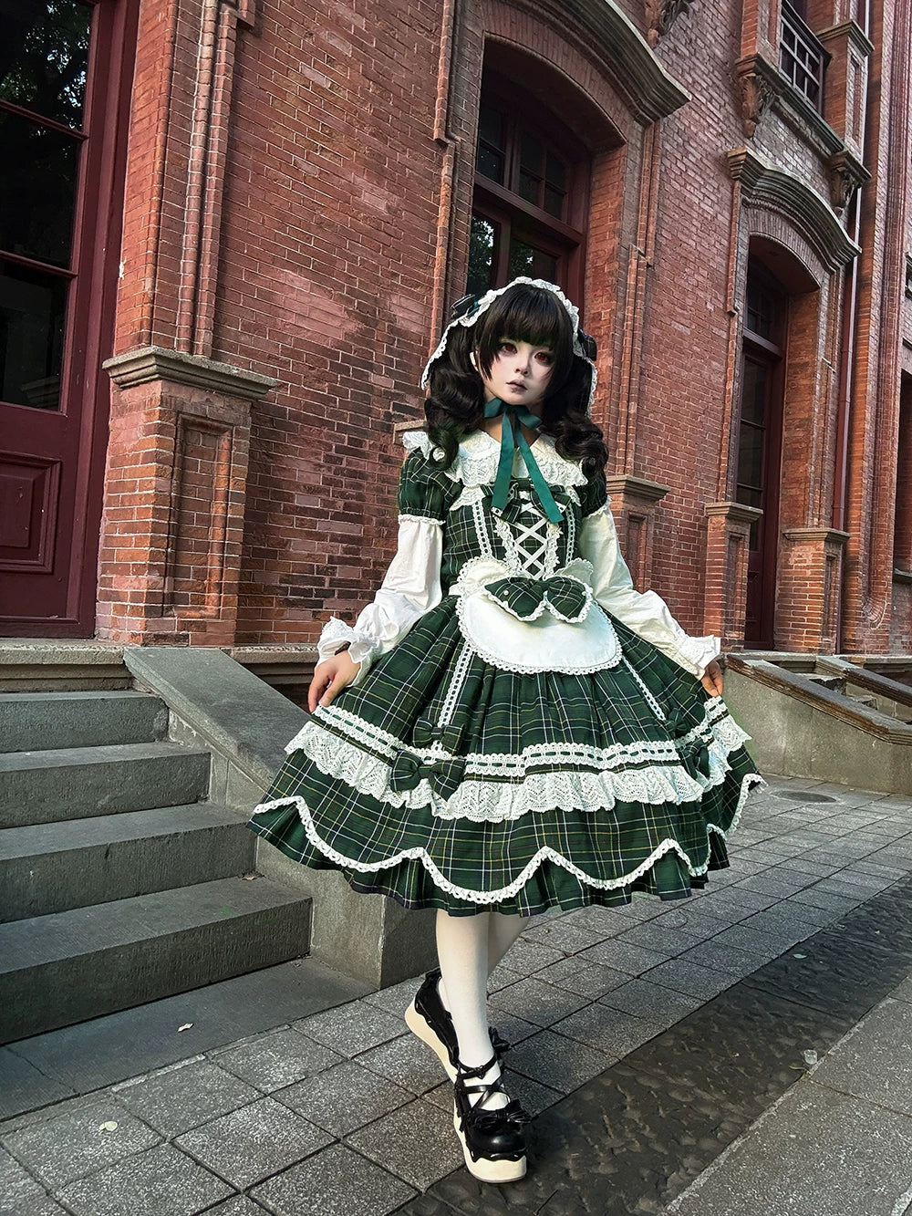 Plaid Petal Bunny - Old School Lolita Plaid OP Dress, Petal-shaped Hem 44673:818314