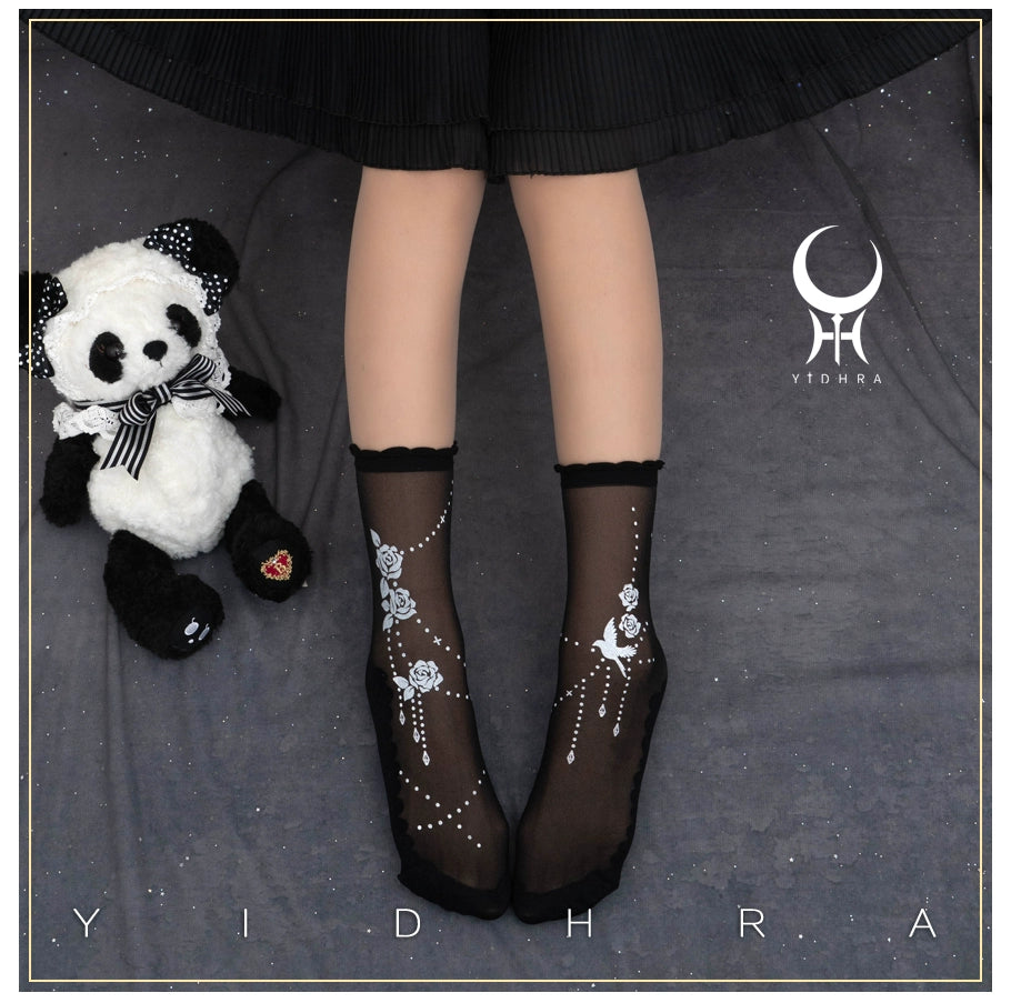 Yidhra - Nightingale and Rose - Gothic Lolita Socks Rose Lace Socks One Size Black - Normal version