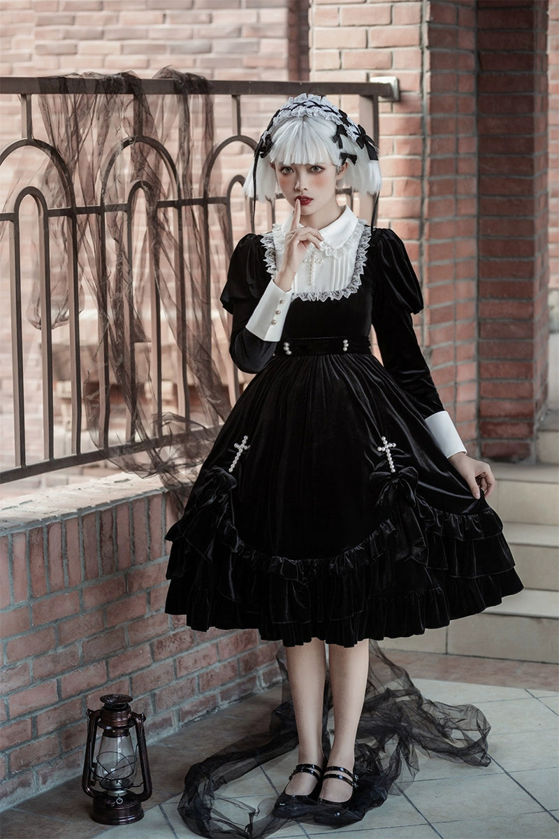 Your Princess - Gothic Lolita Velvet Maid OP Dress, Pearl Cross Accents 44047:794485