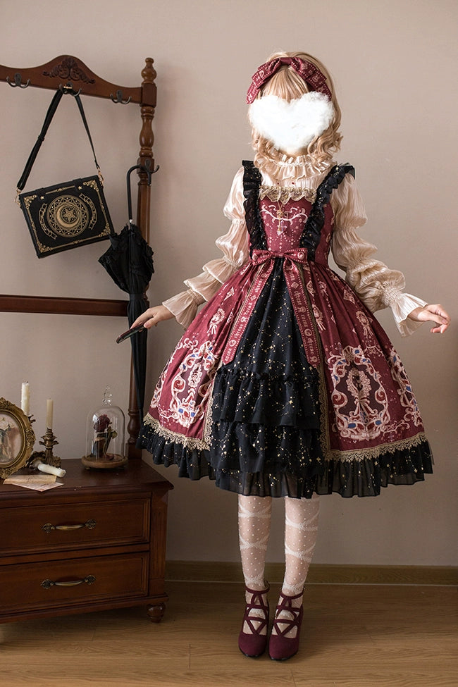 Cheese Cocoa - Star Drop Ceremony - Elegant Lolita JSK Printing Open Front Dress and Blouse Set S red JSK +beige inner wear + KC