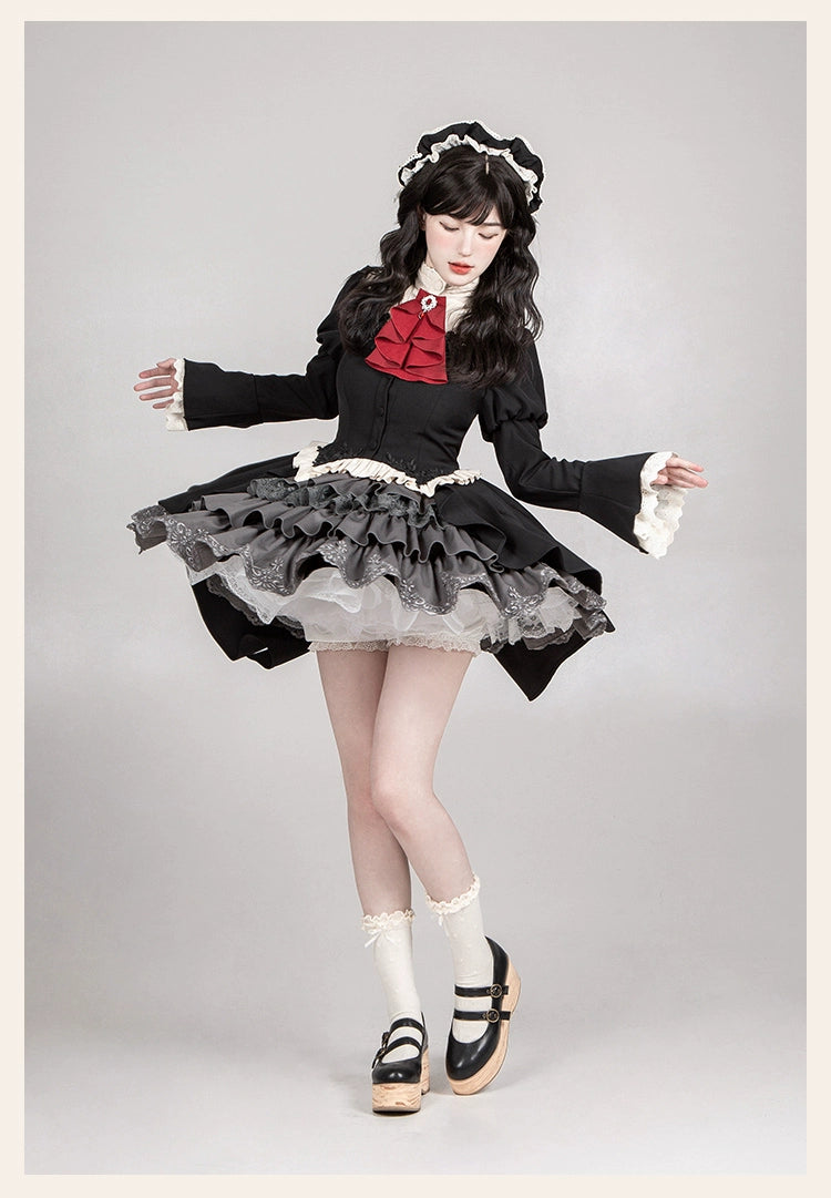 With PUJI - Night Feast - Gothic Lolita Suit Ouji Lolita Tailcoat Tiered Skirt Shorts