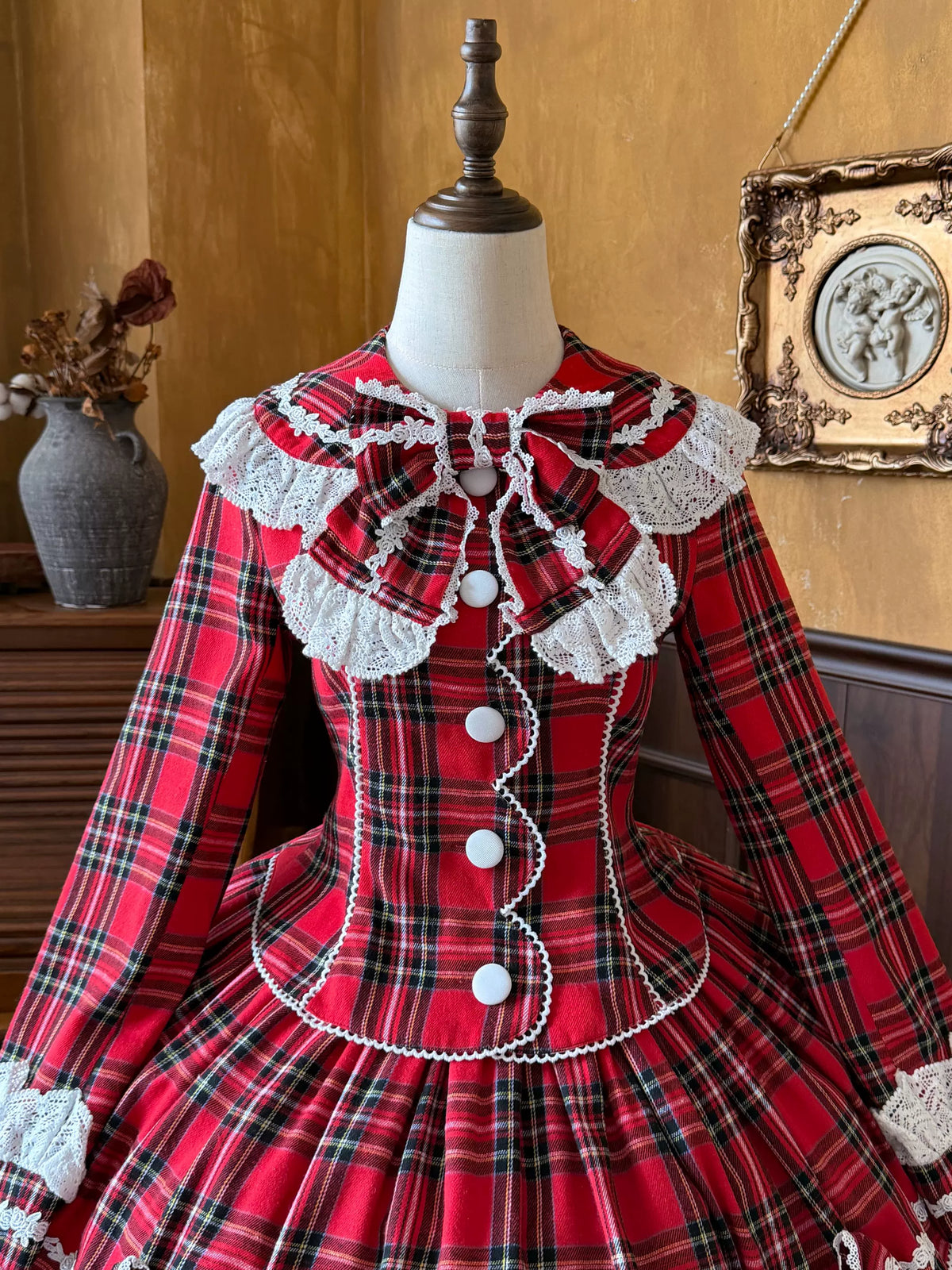 Christmas Knot - Christmas Old School Lolita Jacket & Skirt Set, Red Plaid (L M S XL) 46051:873296