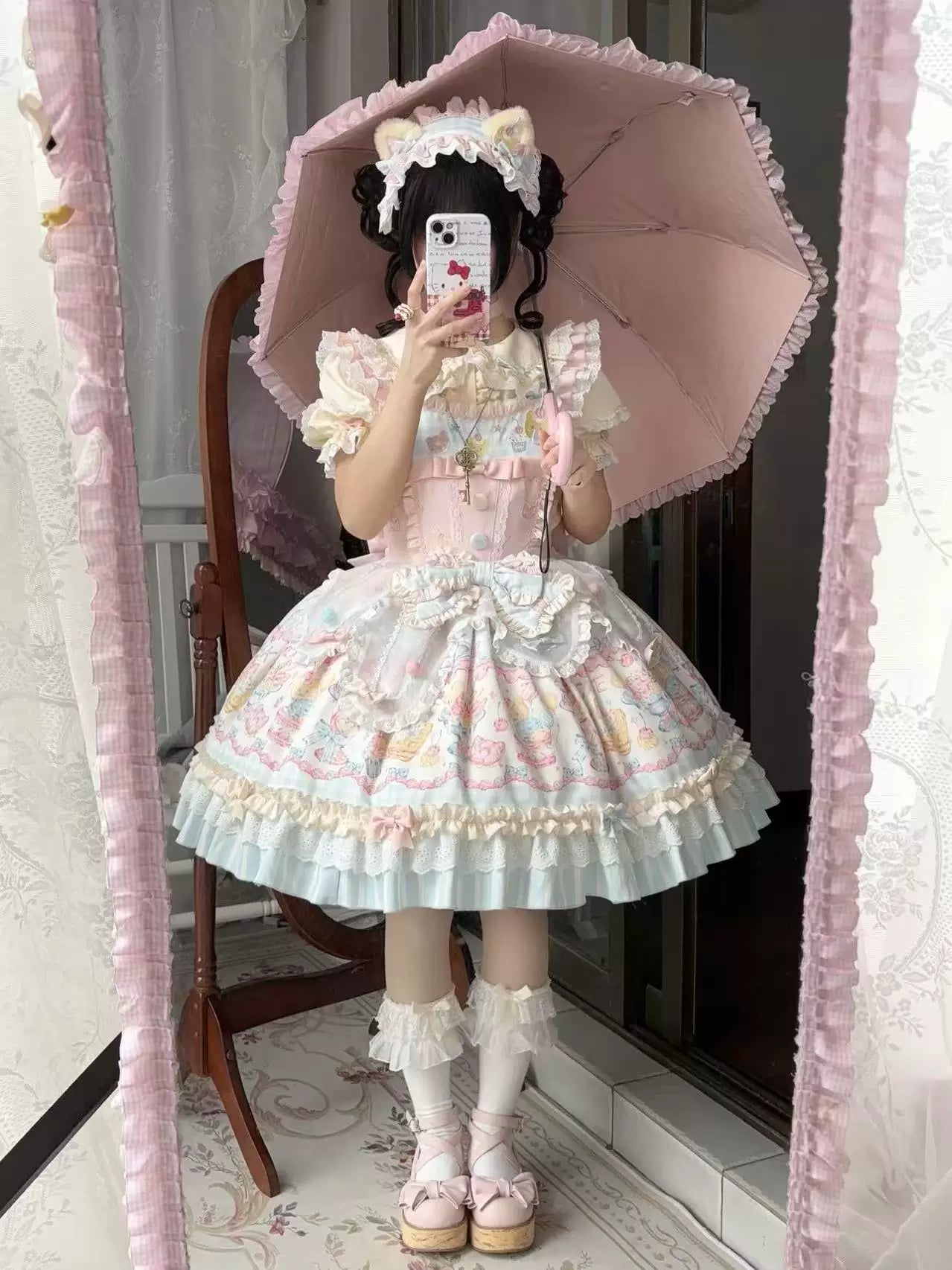 Sweet Cat Fruit Candy - Sweet Lolita Dessert Printed JSK Dress, Bows & Ruffles
