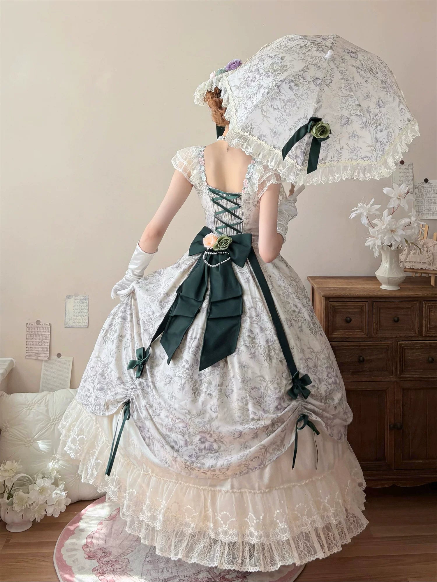 Dolota Flower Wall - Classic Lolita Floral OP Dress, Open Shoulder 44485:811203