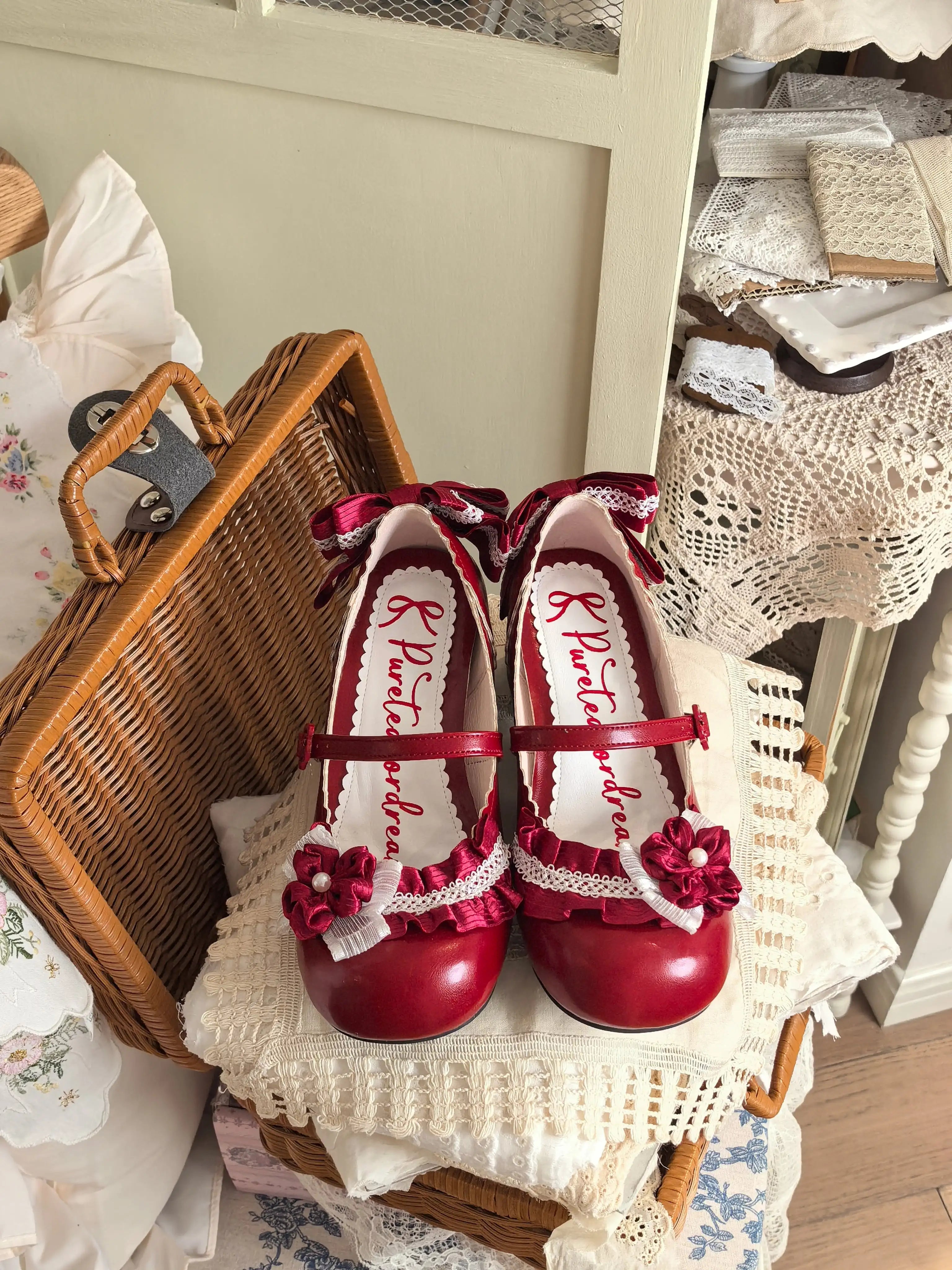 Moonlit Sakura - Sweet Lolita Round-toe Heel Shoes, Floral Accent 45385:846010
