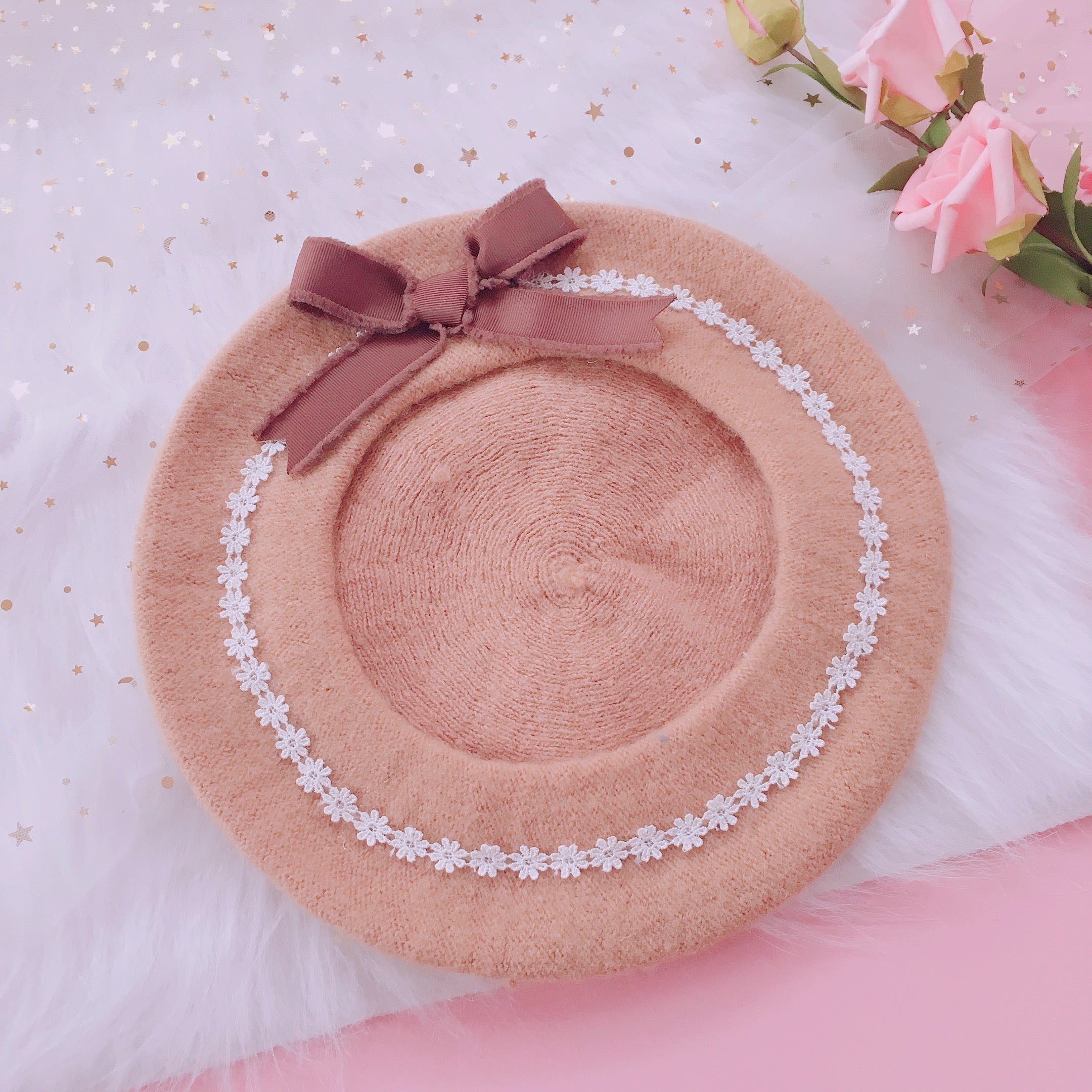 FanMengJia - Sweet Lolita Beret Woolen Bow Lolita Hat M Camel lace beret + a pair of clips