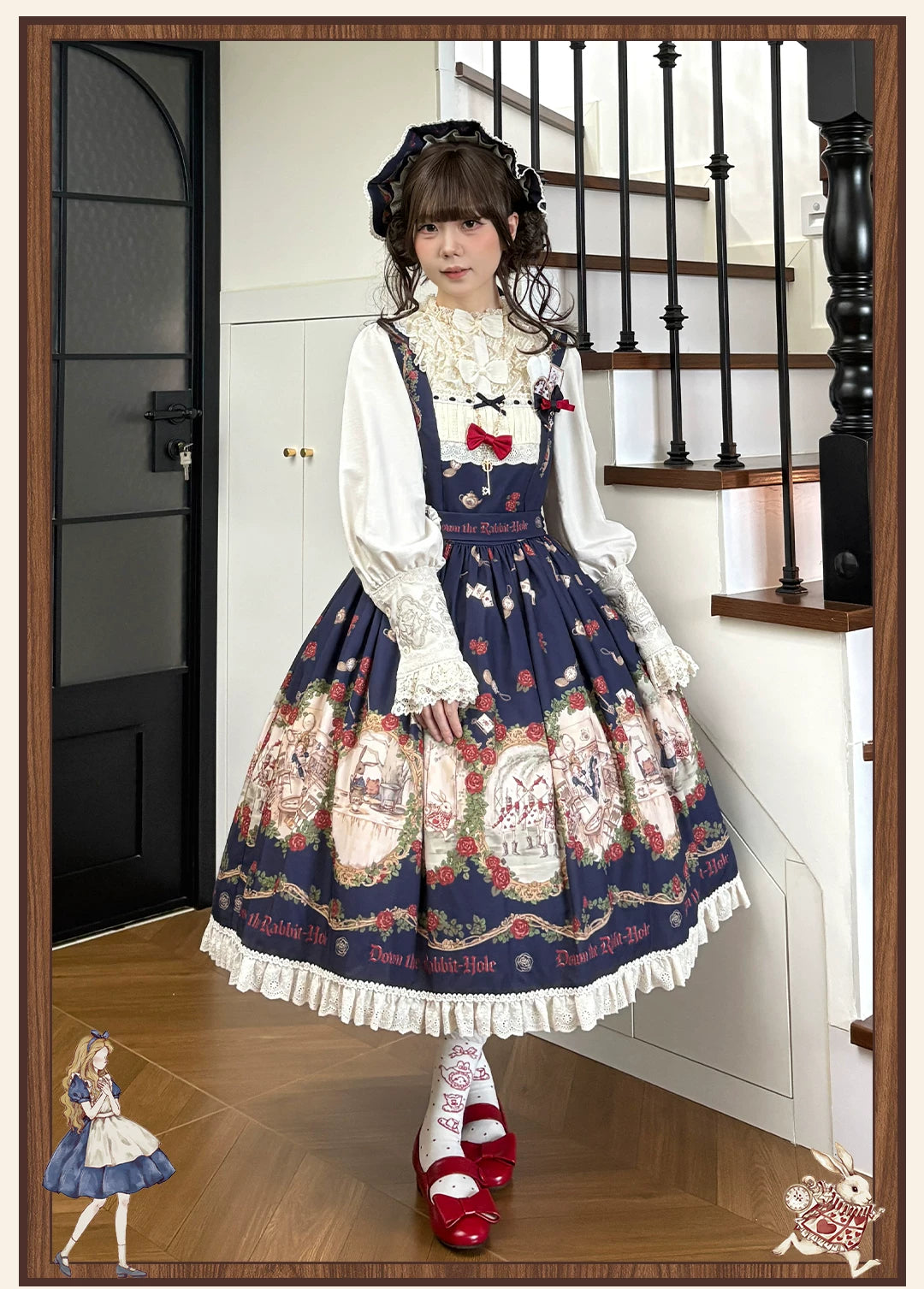 Down the Rabbit Hole - Daily Wear Classic Lolita OP & JSK Dress, Alice in Wonderland Print 46008:871966