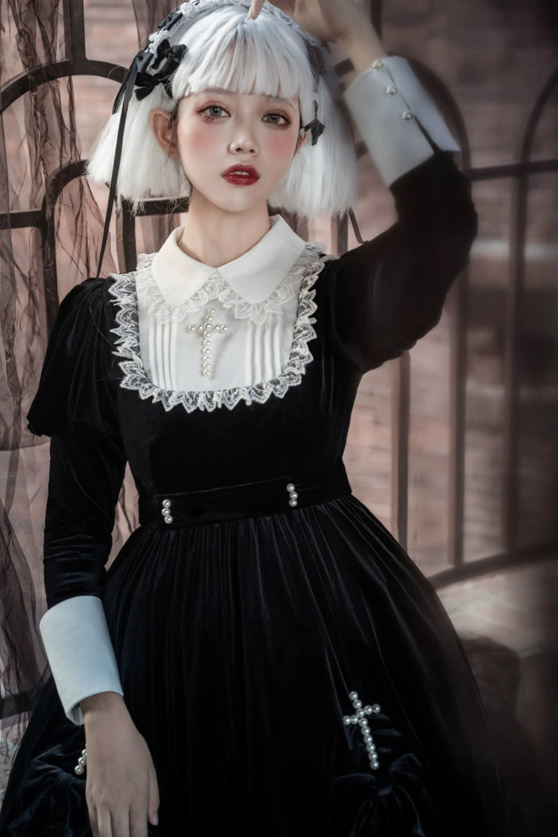 Your Princess - Gothic Lolita Velvet Maid OP Dress, Pearl Cross Accents 44047:794495
