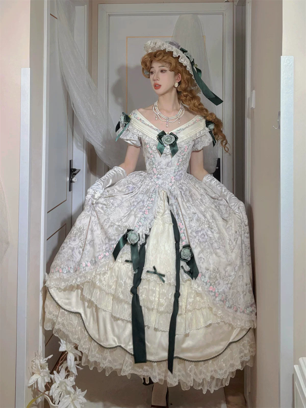 Dolota Flower Wall - Classic Lolita Floral OP Dress, Open Shoulder 44485:811216