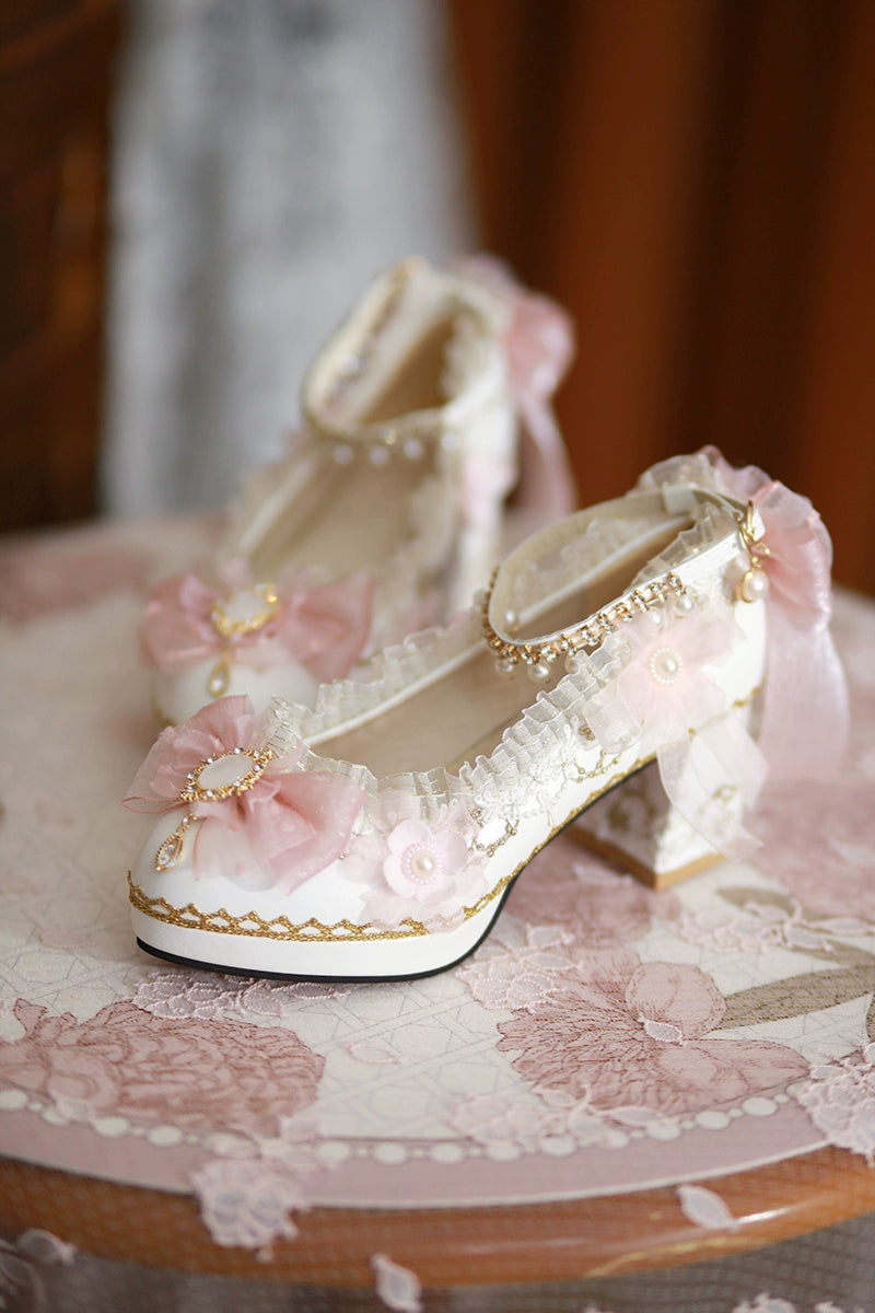 One Night - Gorgerous Bridal Lolita Shoes With 3 Heel Heights Pink (5-6cm heel/red sole) 34