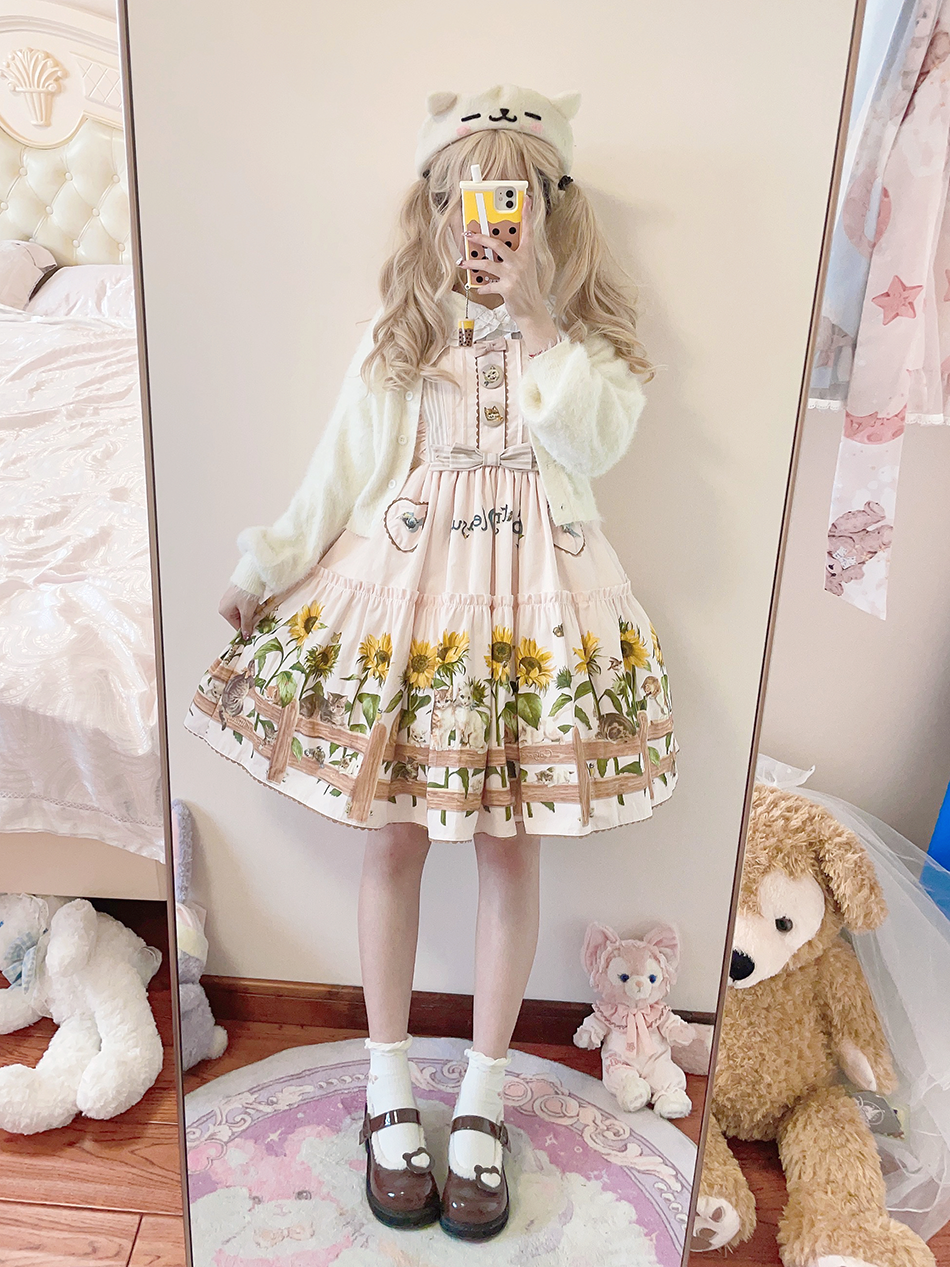Polaris Lolita - Cat and Sunflower - Sweet Lolita JSK Cat and Sunflower Print Dress and Headdress Set 36738:526368