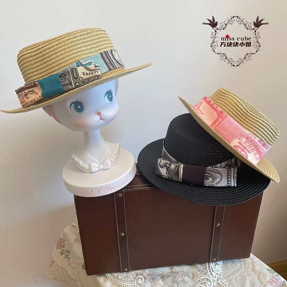 Miss Cube - Antique Label - Retro Lolita KC Straw Hat Bow Tie