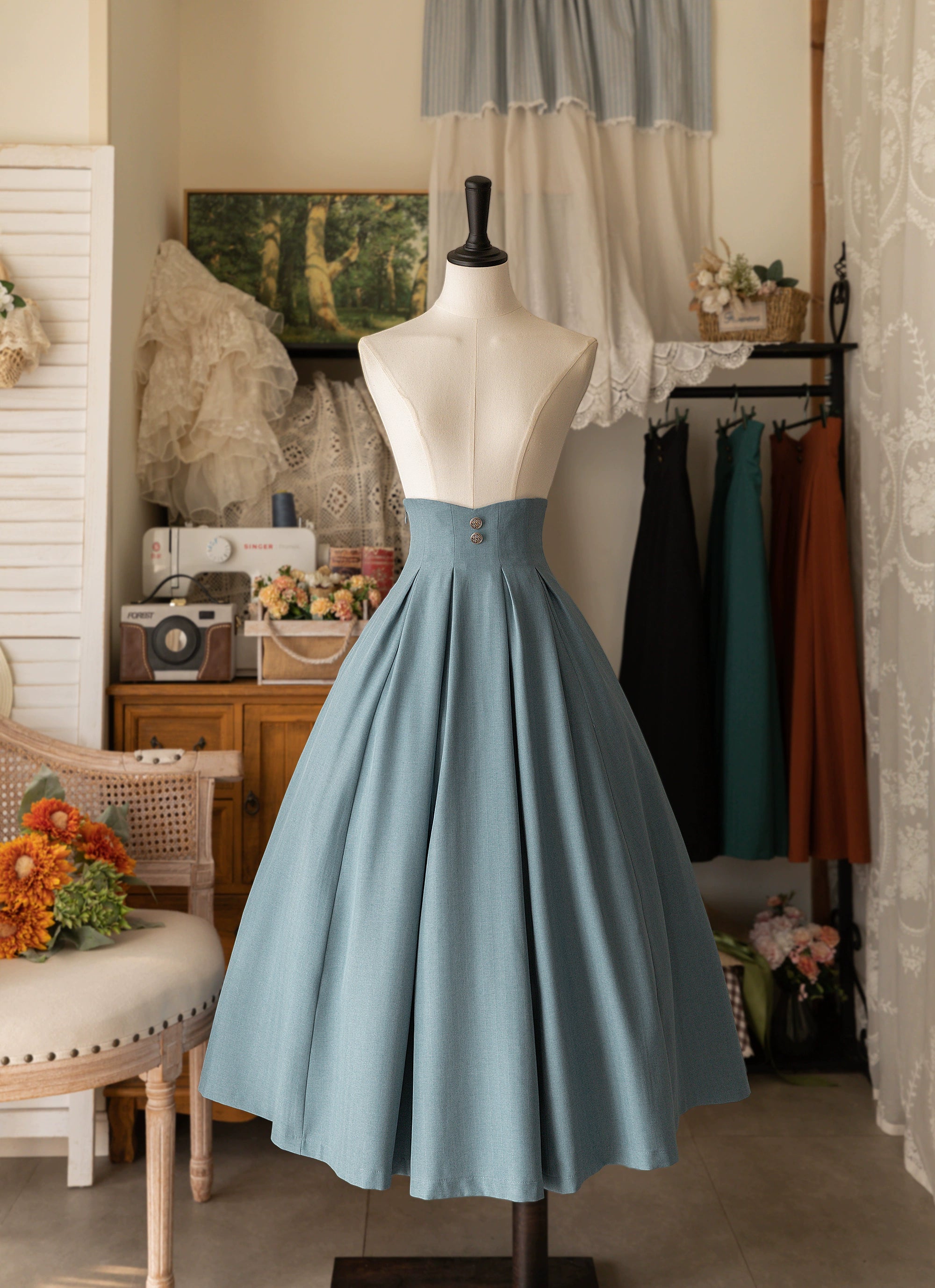Forest Wardrobe - Forest basket - Classic Elegant Lolita SK Spring Autumn Versatile Skirt S Aqua Blue
