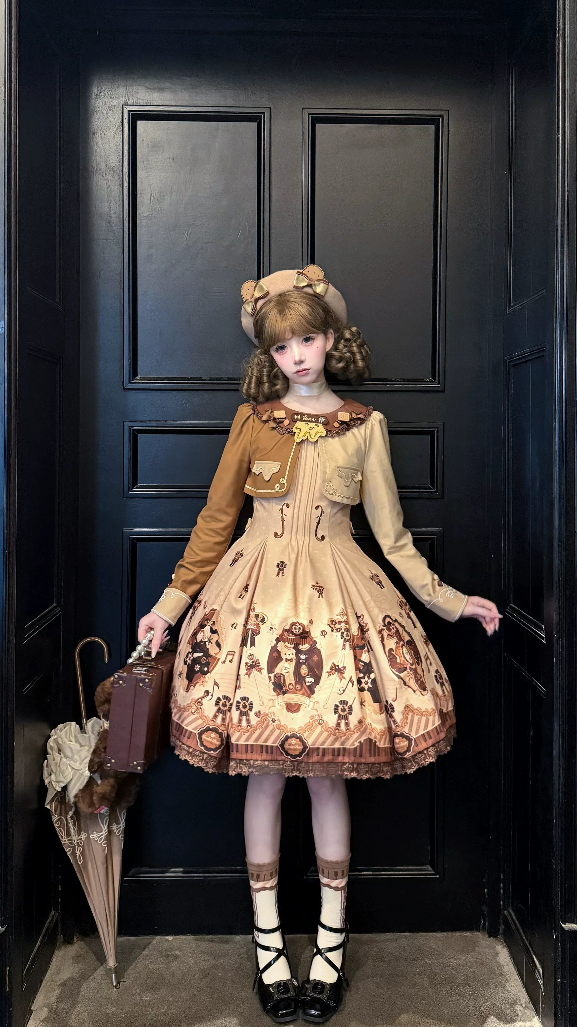 Cream Bear - Print Kawaii Lolita Fake Two-Piece OP, A-lined JSK Dress 44502:811634