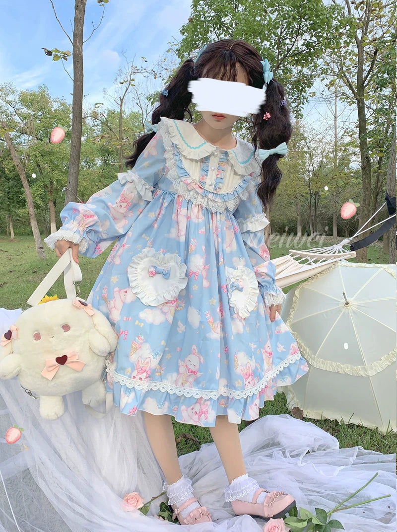 Sweet Soft Bunny - Printed Sweet Lolita OP Dress, Bunny Ears 44863:826539