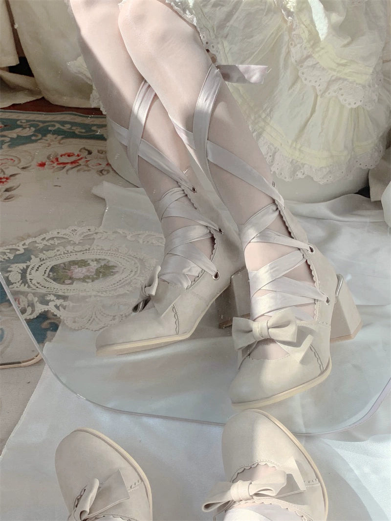 (BFM)MR.Qiutian~Muse Kiss~Elegant Lolita Shoes Lace-up Bow Heels Round Toe 33144:405848