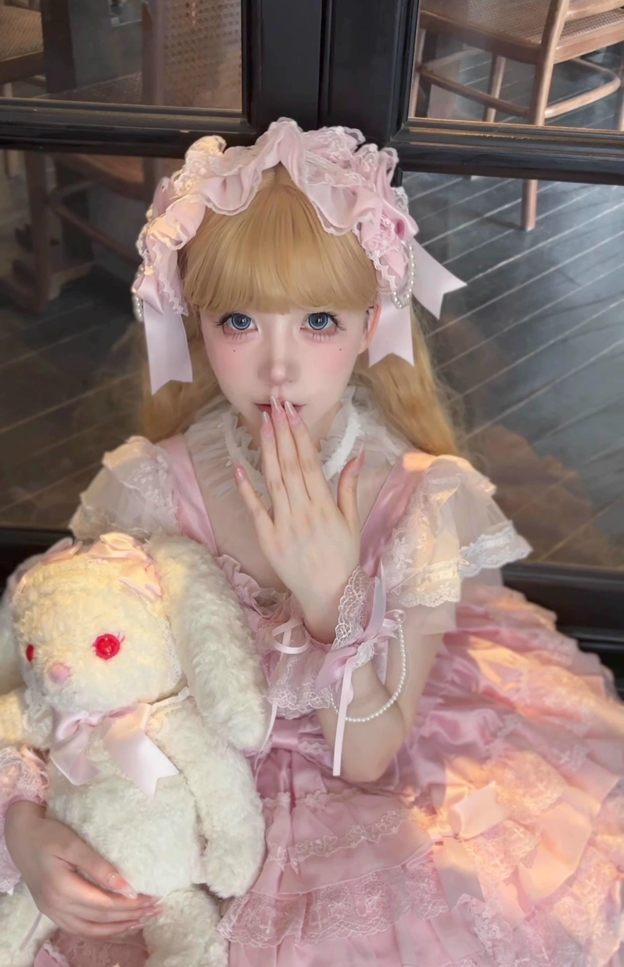 Cocoa Sweetheart - Love Descends - Wedding Lolita Jumper Dress, White Blouse One Size Pink hairband