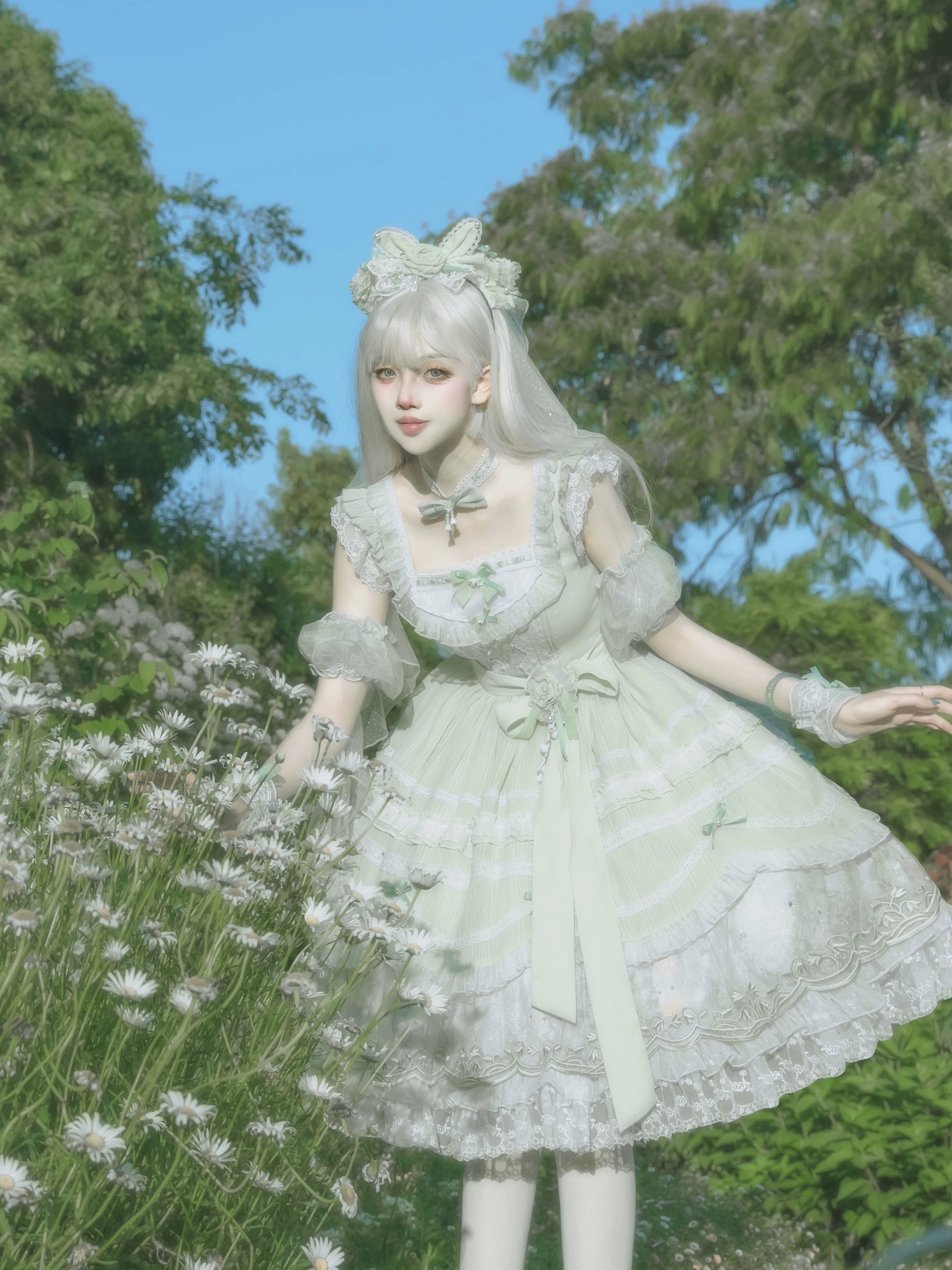 Lily of the Valley Lamb - Classic Lolita Tiered Hem JSK Dress with Embroidery 45277:852046