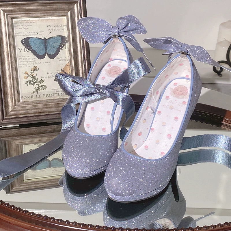 Pure Tea For Dream - Butterfly Specimen - Shiny Ballet Lolita Shoes Sweet Lolita Platform Heels 34 Shiny Blue