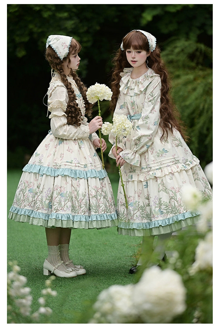 With PUJI - Oriole Time - Country Lolita JSK and OP Dress, Floral and Bird Print 44048:794542