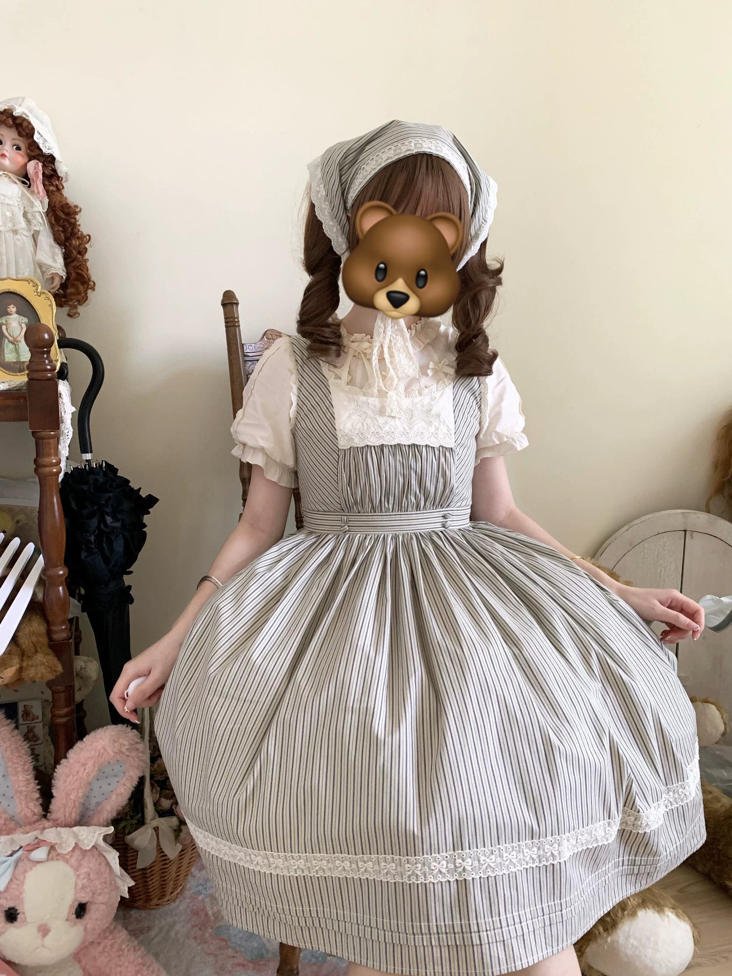 Stripe Minuet - Classic Lolita Striped JSK Dress, Embroidered Neckline 45317:844807