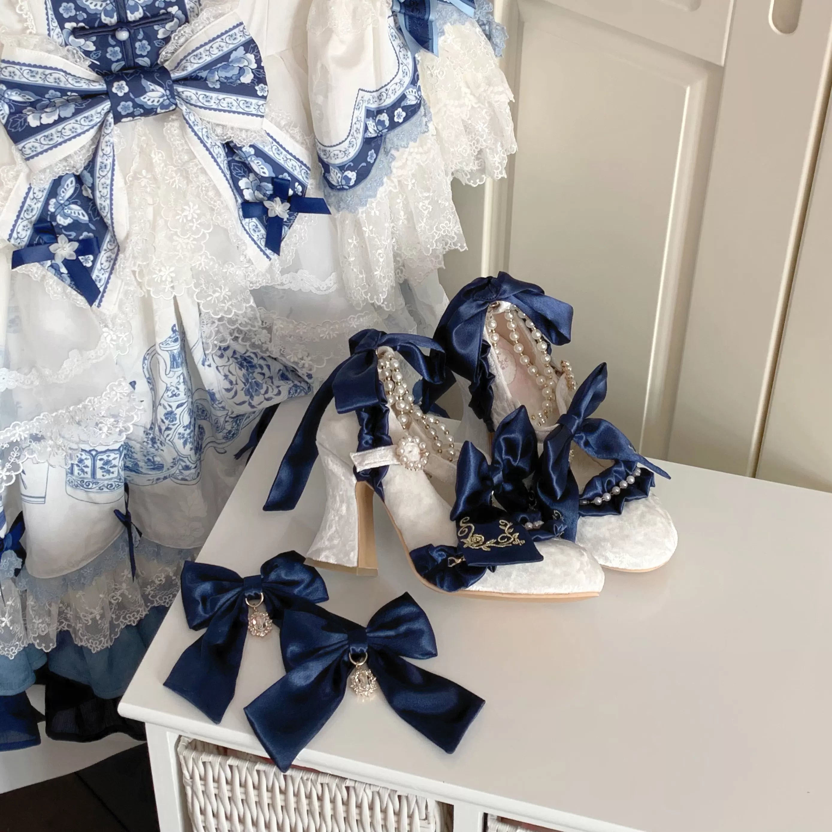 Ribbon Anthem - Wedding Classic Lolita Heels, Detachable Bow & Pearl Ribbon 44844:825877