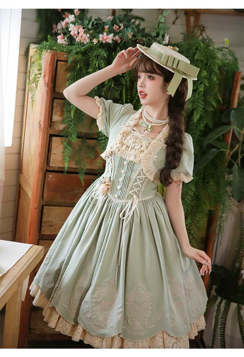 Amber Realm - Dream Strings - Embroidered Classic Lolita OP Dress, Princess Sleeves Light Green OP Only S