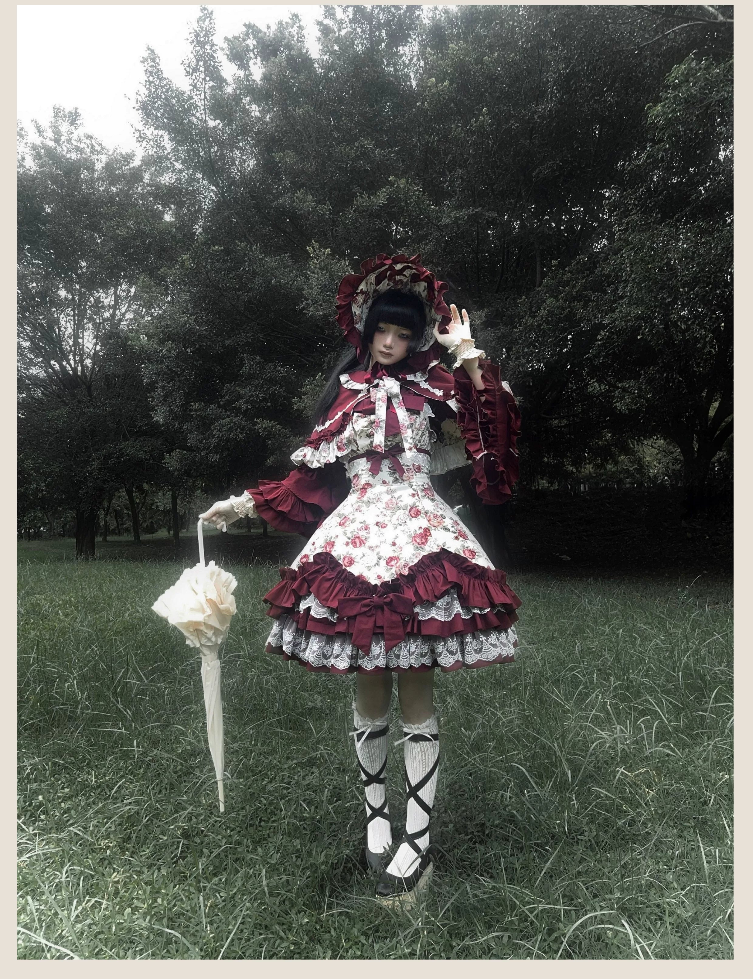 Burgundy Rose - Floral Printed Old School Lolita JSK, Elegant Cape