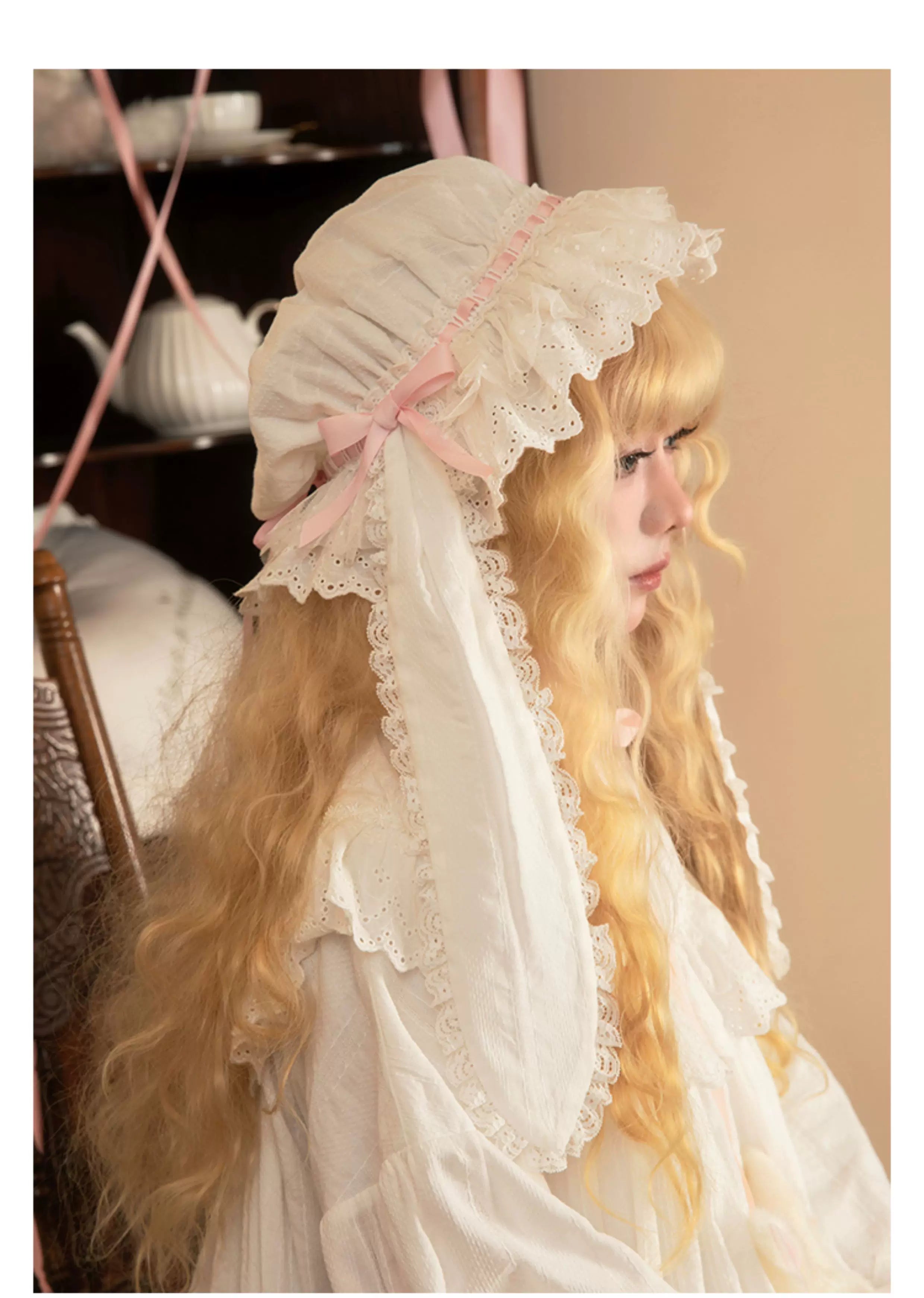 Lop-Eared Bunny Dream - Vintage Lolita Doll-like Nightdress, Ruffles & Bow