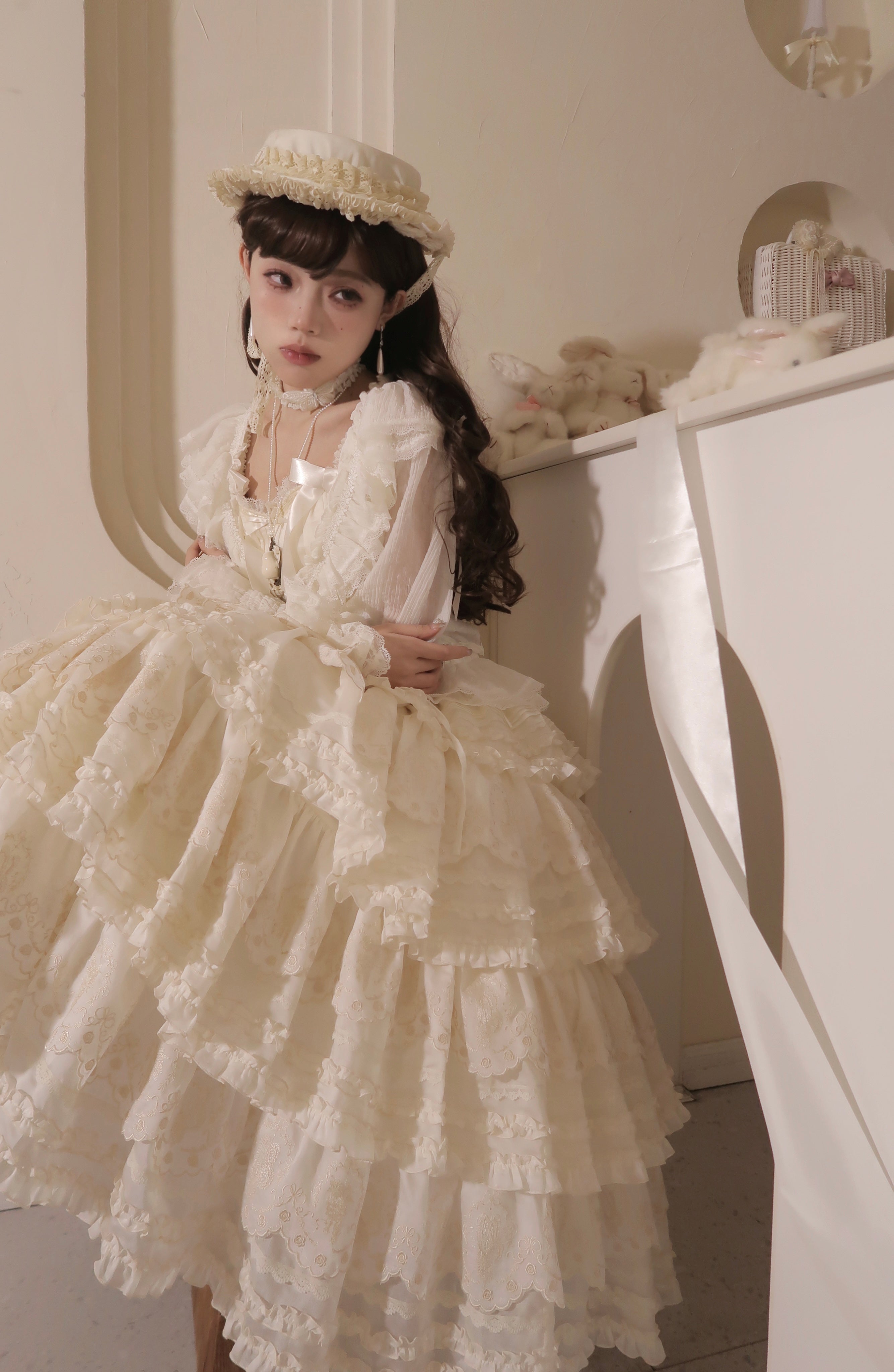 MEEKWIND - Miss Flora - Elegant Lolita Bodice Suit Tiered Skirt White S Strap Top + Skirt + Blouse