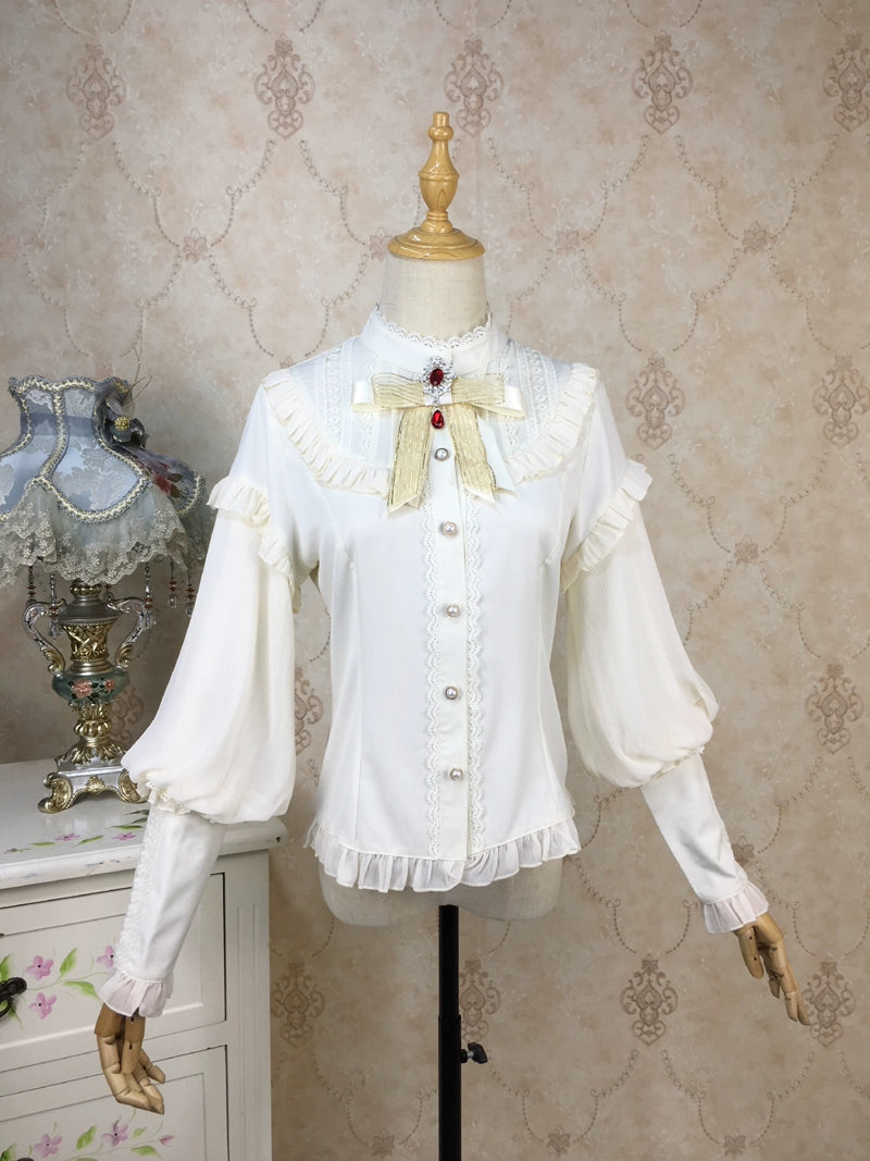 Princess Tailor Lolita - Mutton Sleeves Classic Lolita Thick Blouse S Single-lined Apricot Blouse With Brooch