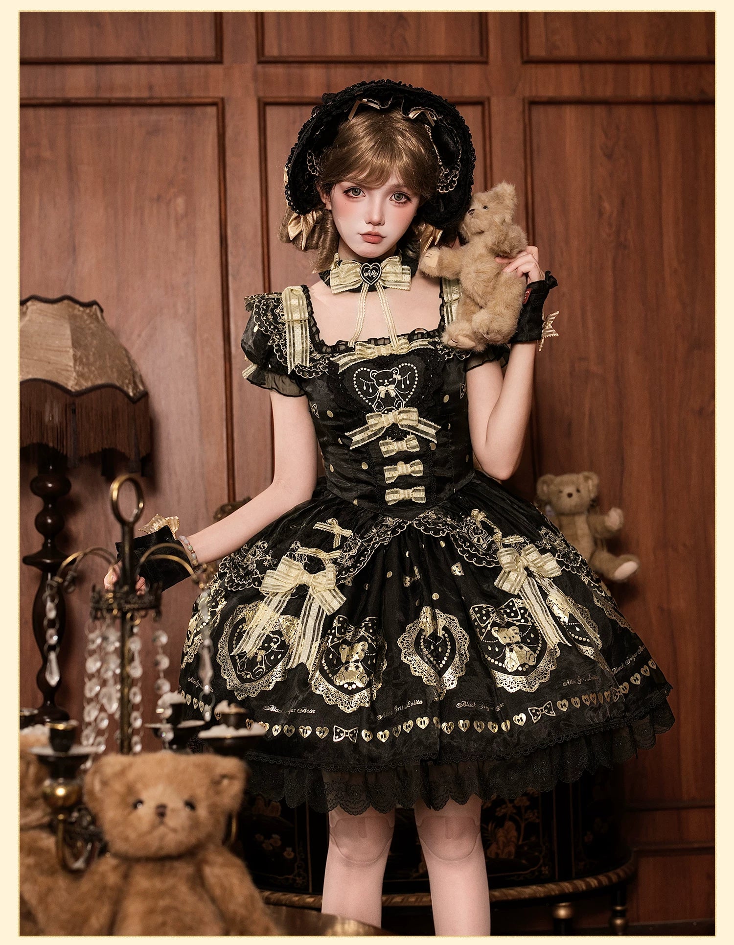 Brown Sugar Bear - Old School Lolita OP & Halter Dress, Bear Print 45249:842133