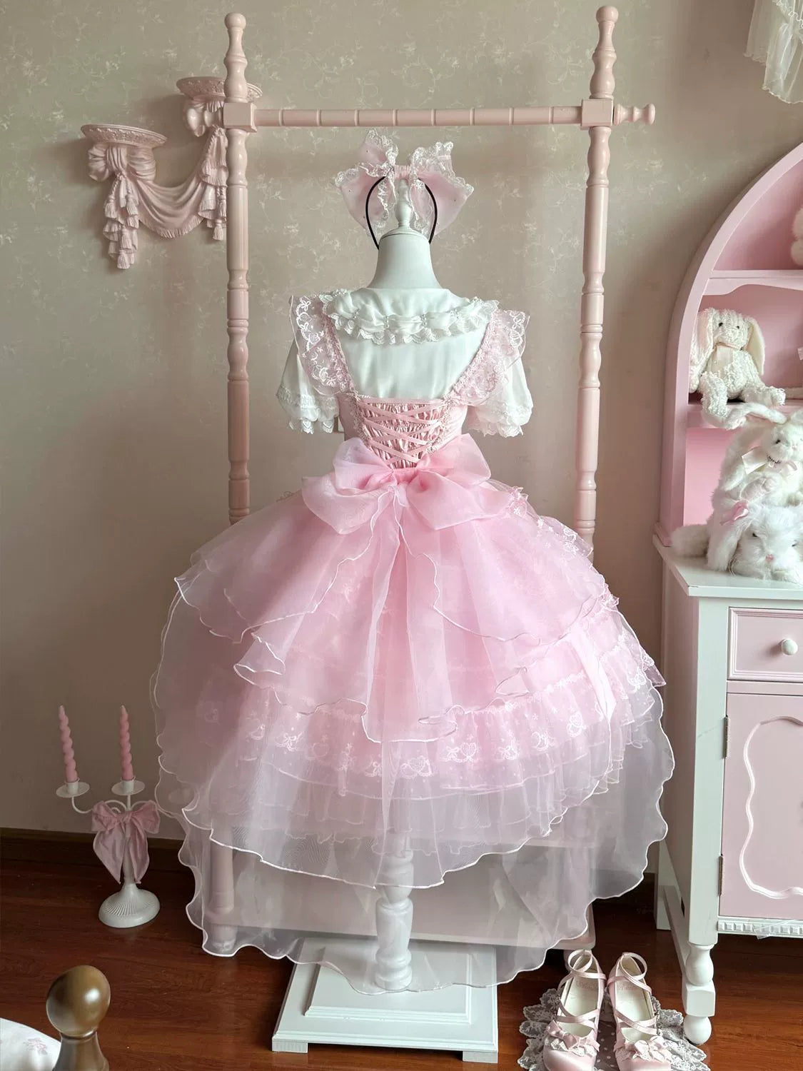 Hanguliang - Fudie Heart - Sweet Lolita JSK Dress With Tiered Skirt and Bow Trailing Pink JSK + Pink Bow Trailing S