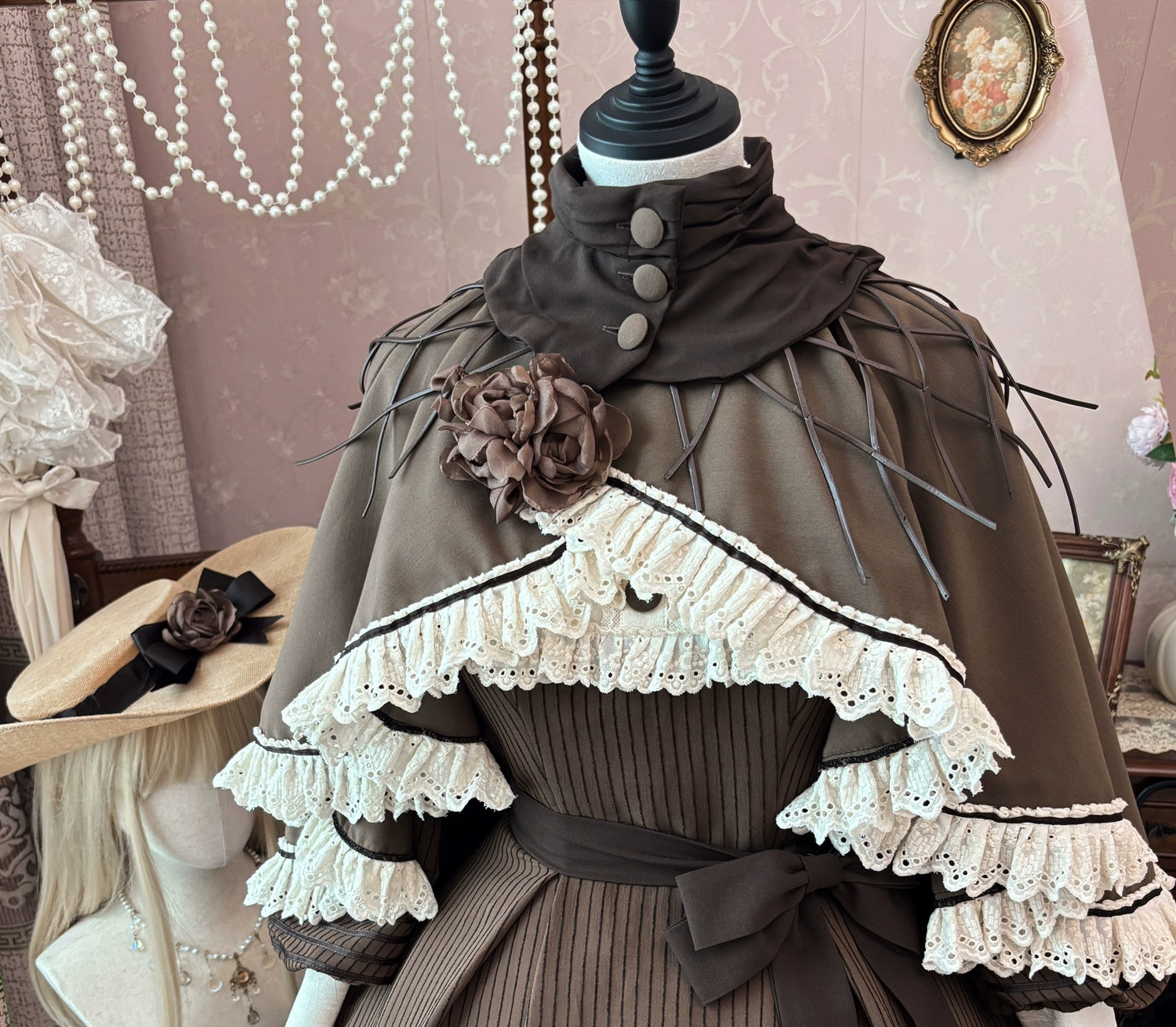 Muyu Handmade Studio - Evening Whispers of London - Brown Classic Lolita OP Dress, Mermaid Skirt Outfit 43993:791974