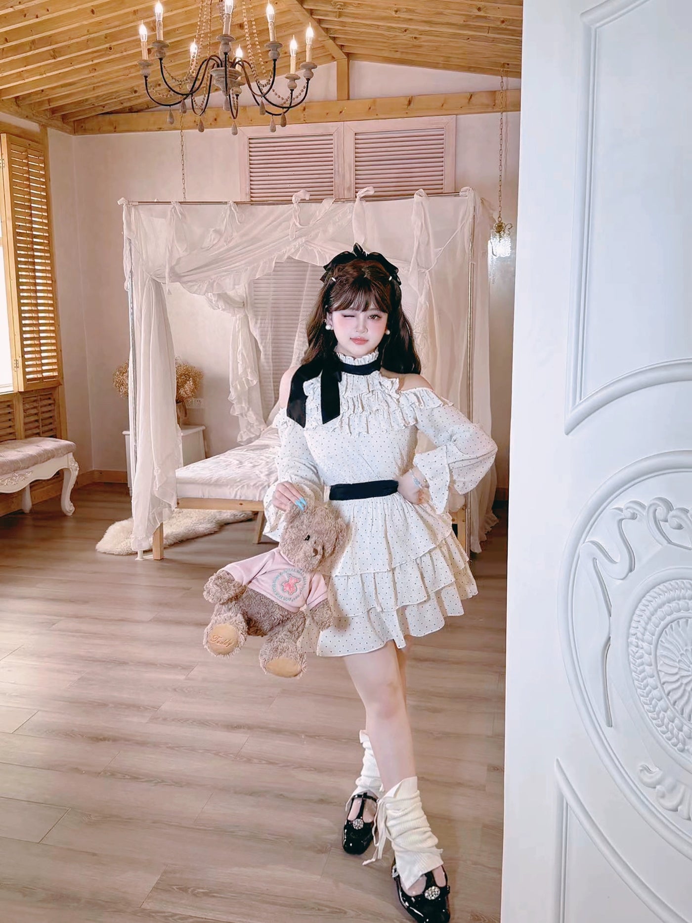 Yingtang~Black Chocolate~Sweet Lolita Skirt Plus Size Dot Print Blouse Skirt Set blouse XL 