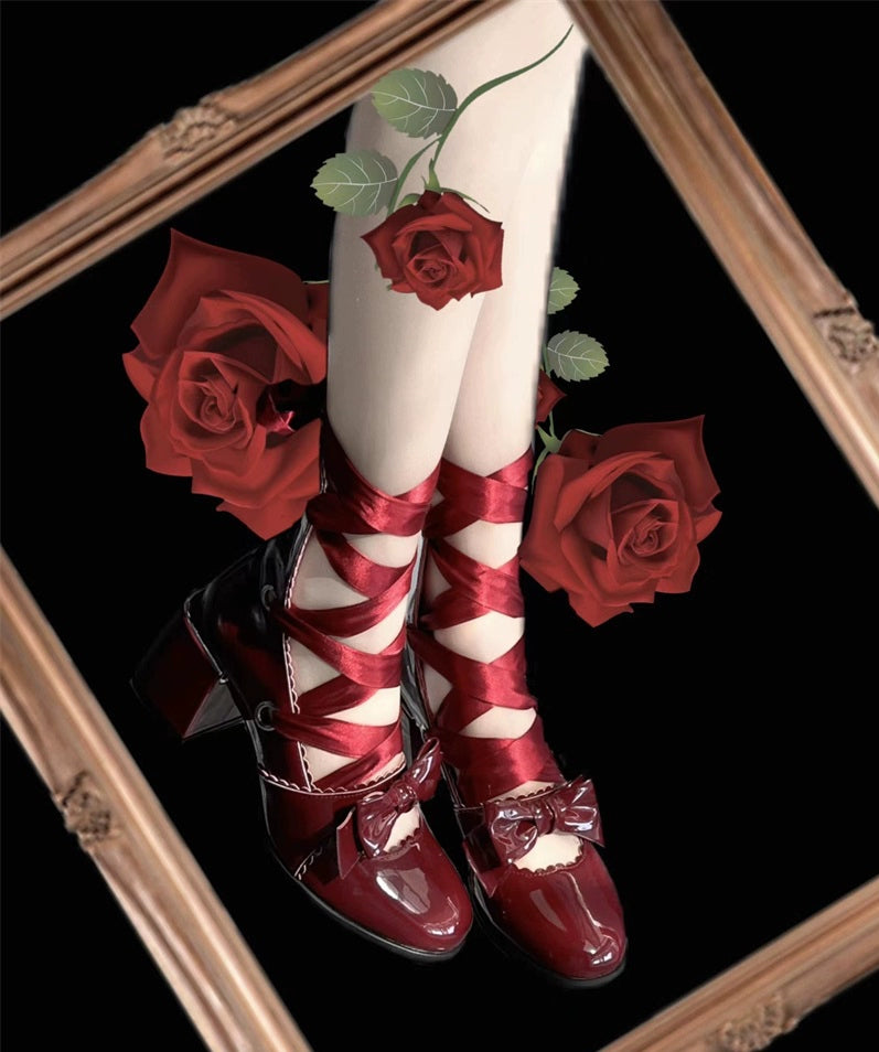MR.Qiutian - Muse Kiss - Elegant Lolita Shoes Lace-up Bow Heels Round Toe 35 Shiny Burgundy-3.5cm Mid Heel