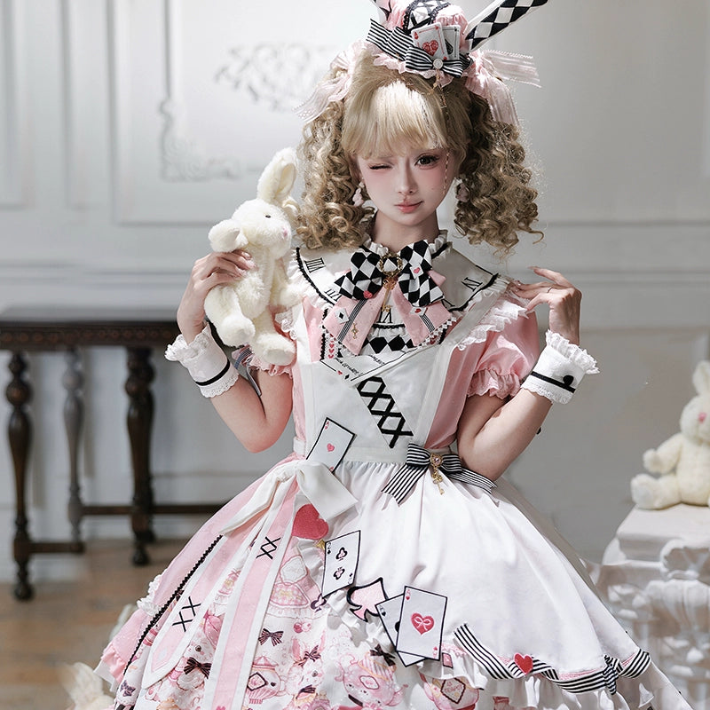 YingLuoFu - Alice - Kawaii Lolita OP Dress, Rabbit & Playing Card Motifs (2XL L M S XL) 43639:781906