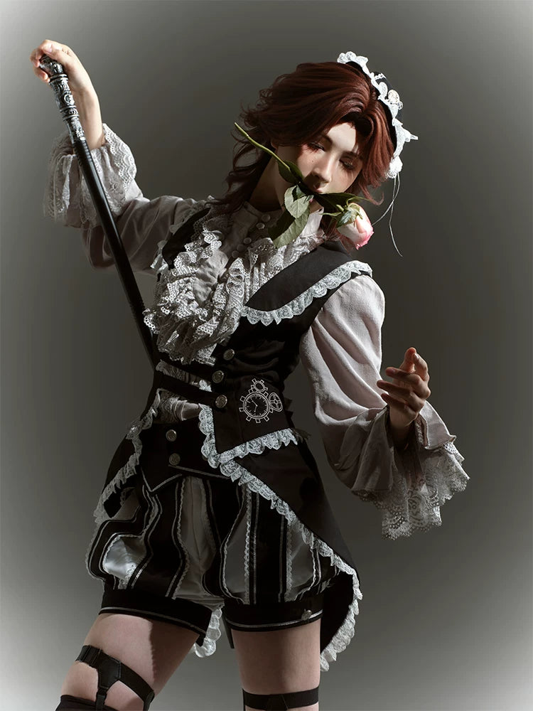 Crow Feather Ode - Ouji Lolita Cotton Linen Shirt and Clock Embroidery Vest Set 45665:857433