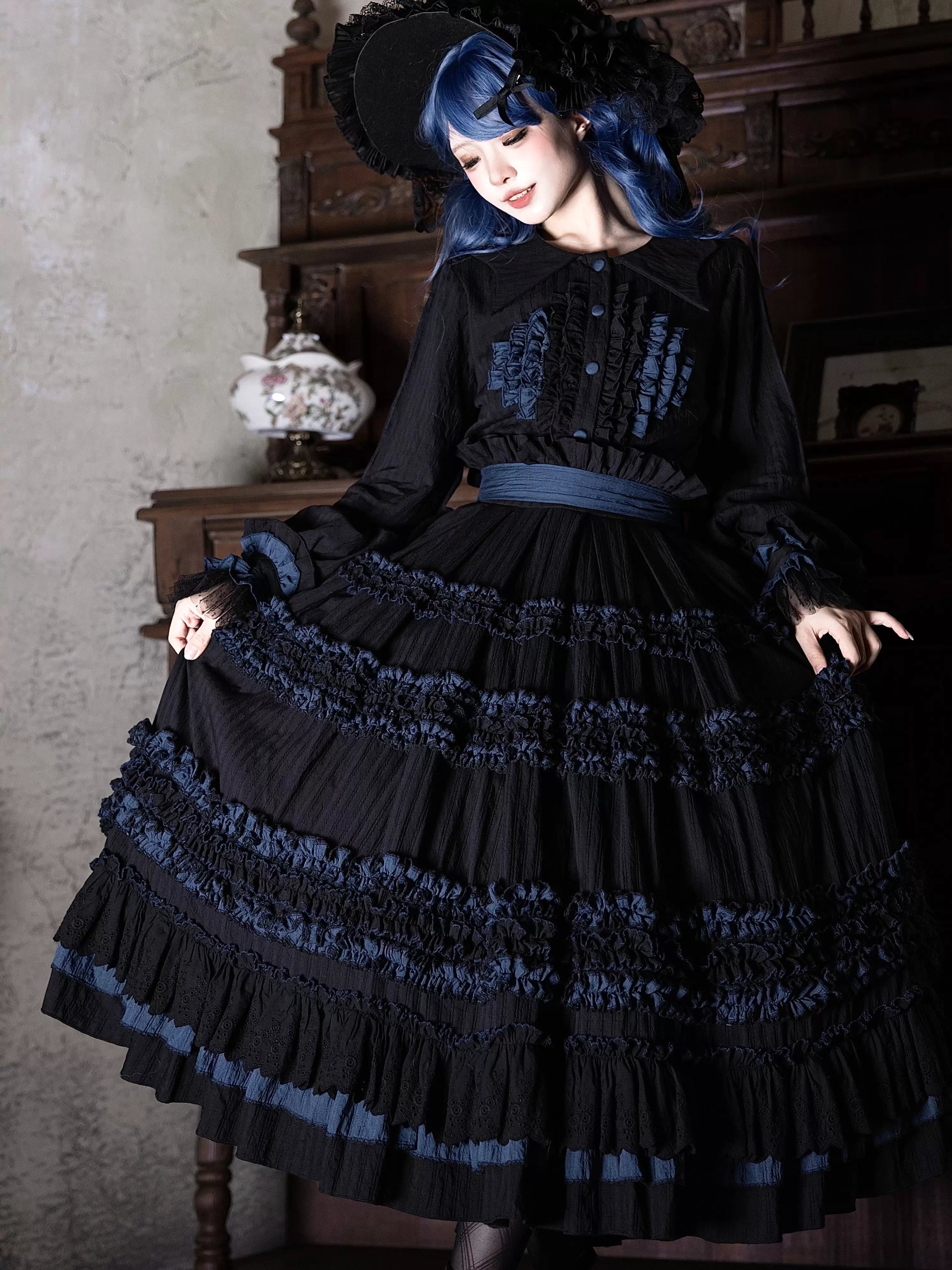 Wings and Bouquet - Dark Classic Lolita Blouse and SK Set, Layered Blue Ruffles 45680:858282