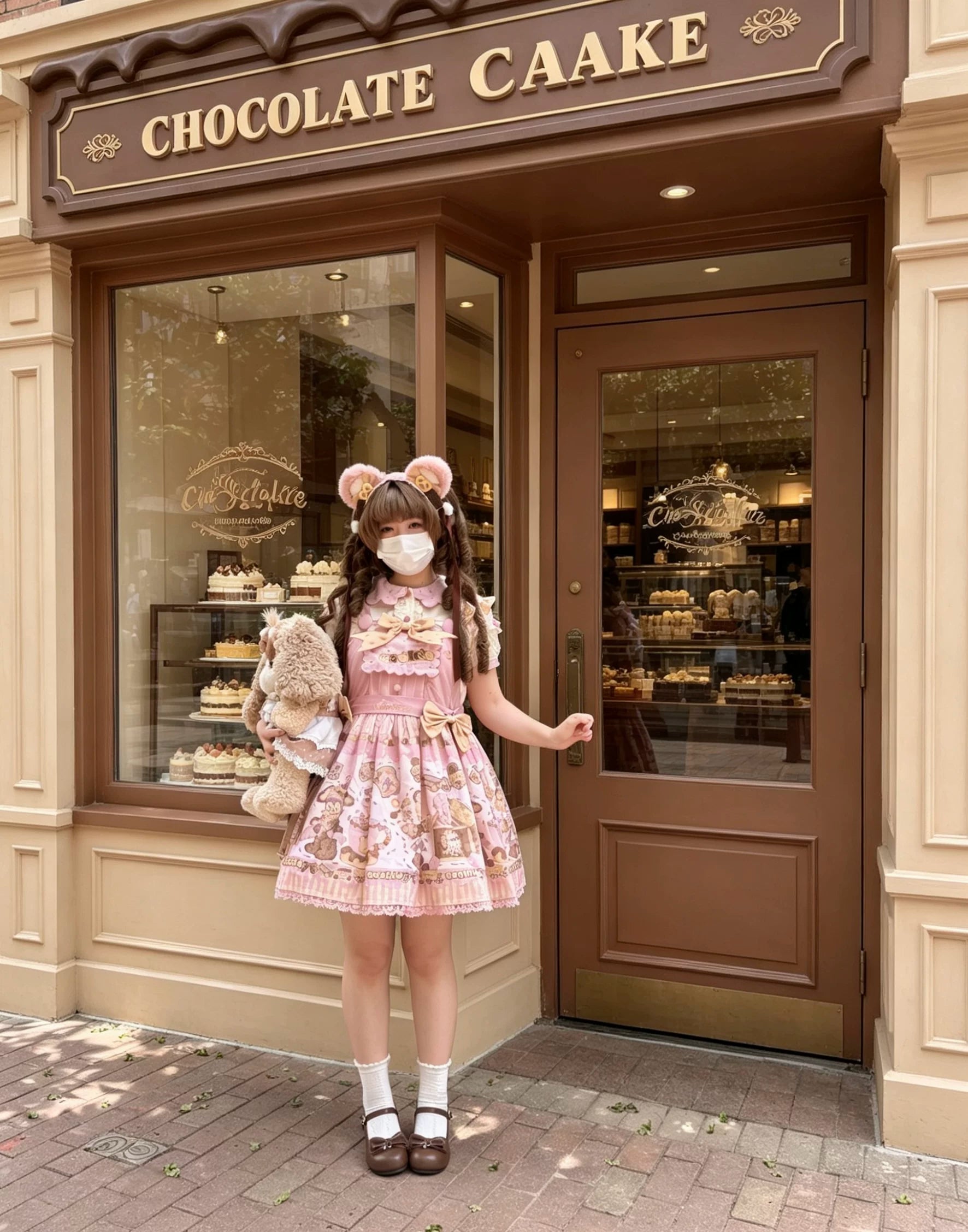 Bear Biscuit SP - Kawaii Lolita Bear Printed Dress Set with Bows (Pink / 2XL L M S XL) 45375:846467