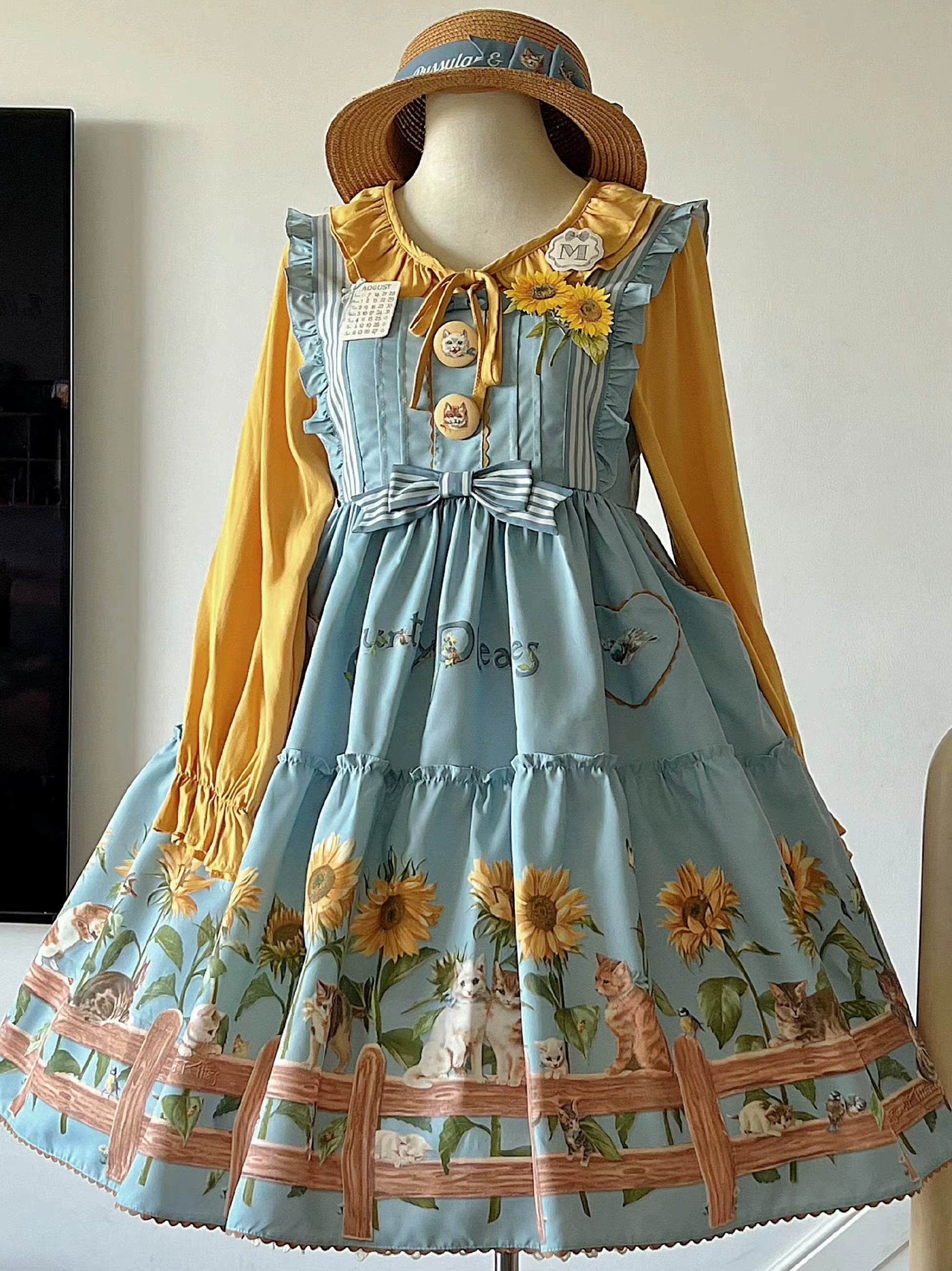 Polaris Lolita - Cat and Sunflower - Sweet Lolita JSK Cat and Sunflower Print Dress and Headdress Set 36738:526396