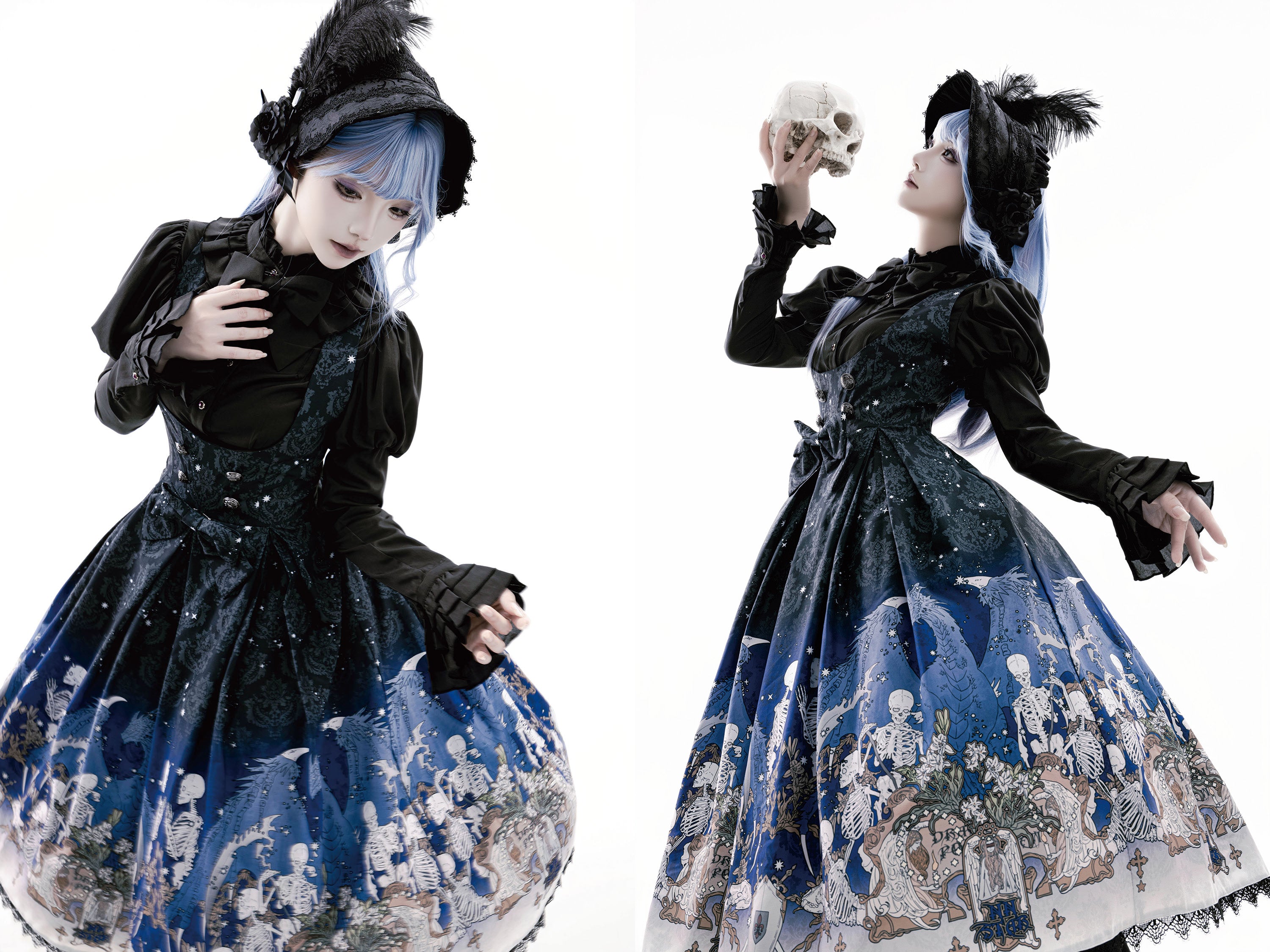 Nn Star - Dragonbone Lily - Dragon Skeleton Print Gothic Lolita Bust-supporting JSK and BNT 42664:748569